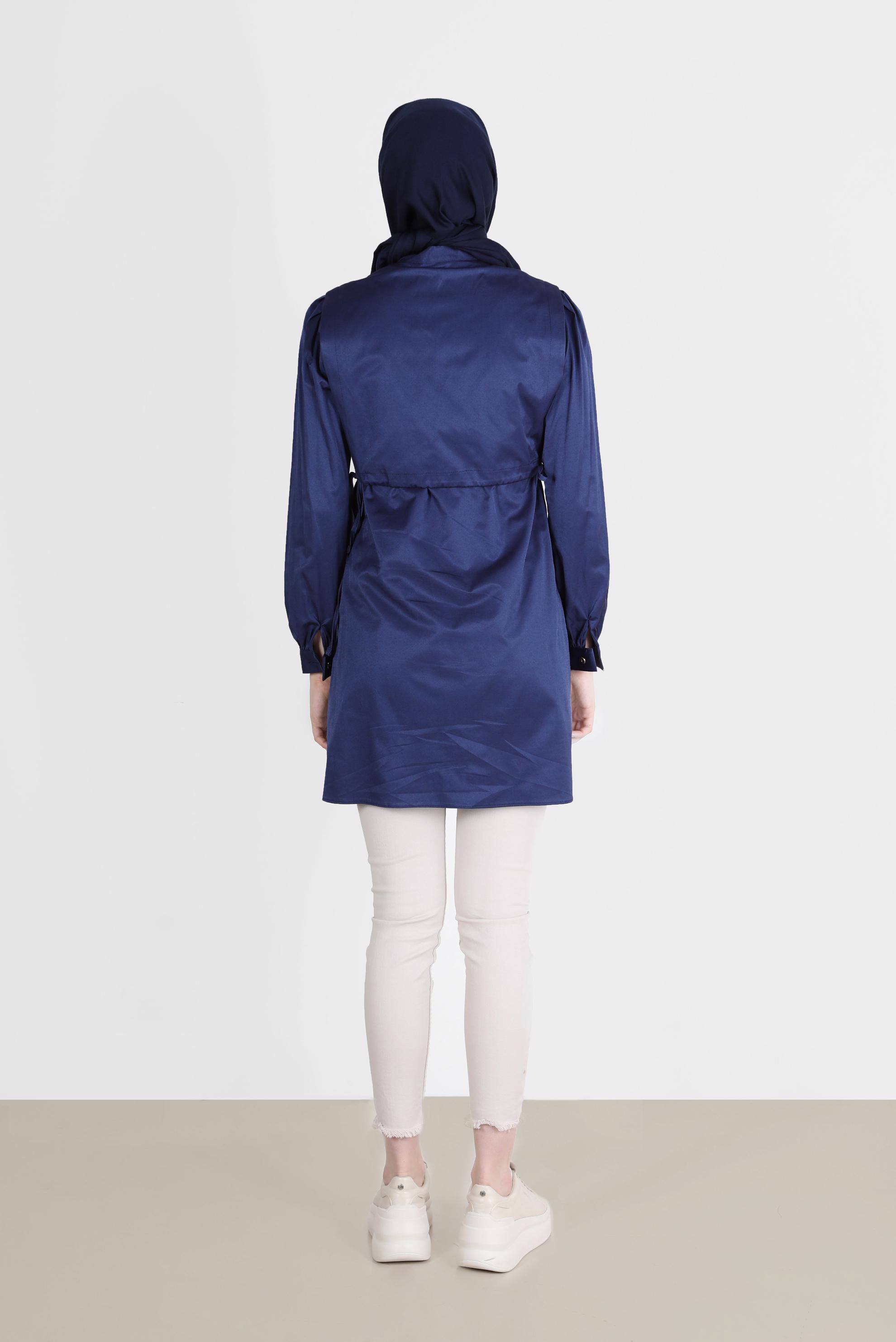 Tesettür giyim LACİVERT BELİ BÜZGÜLÜ DÜĞMELİ TUNİK 42664 