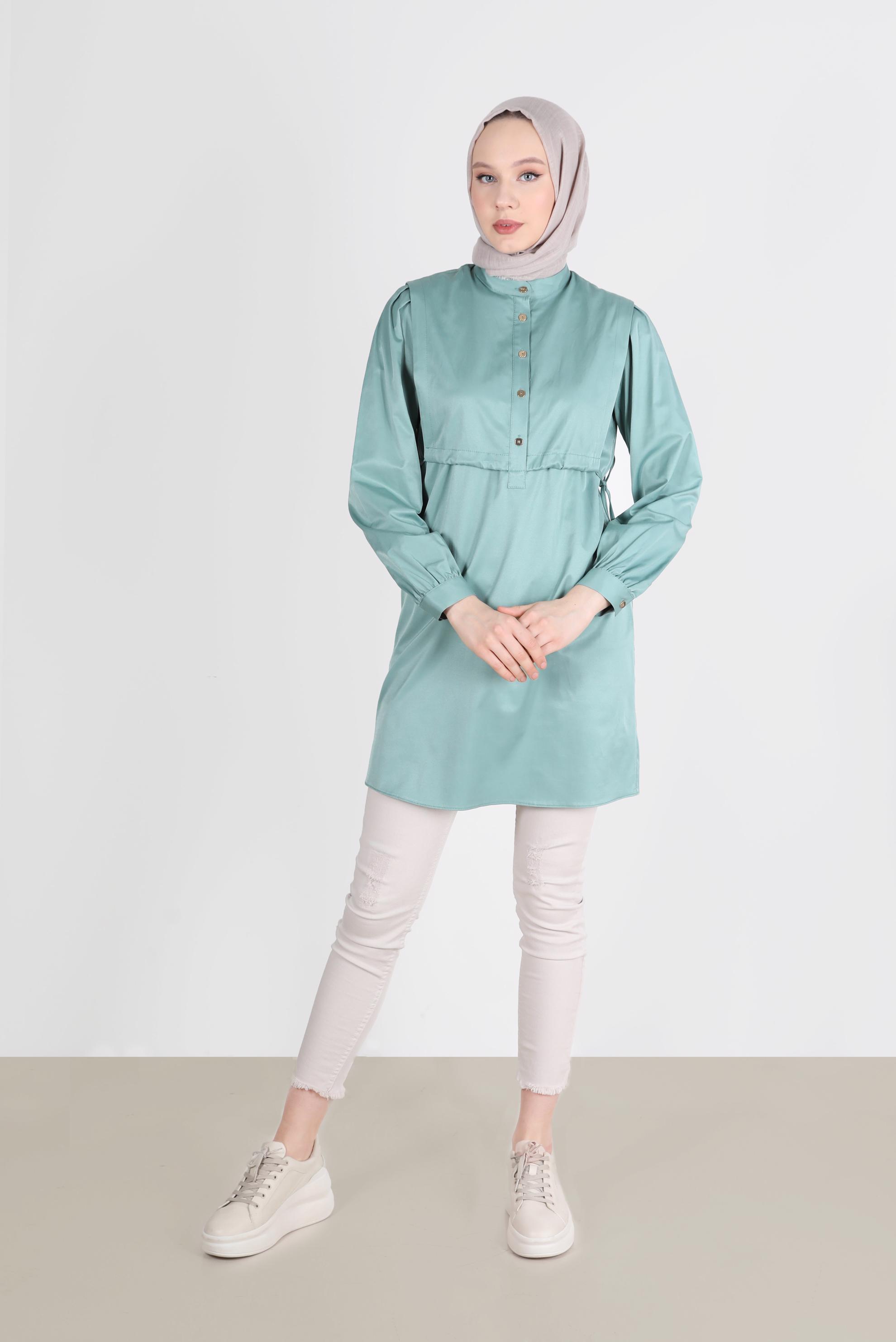 Tesettür giyim MAVİ BELİ BÜZGÜLÜ DÜĞMELİ TUNİK 42664 