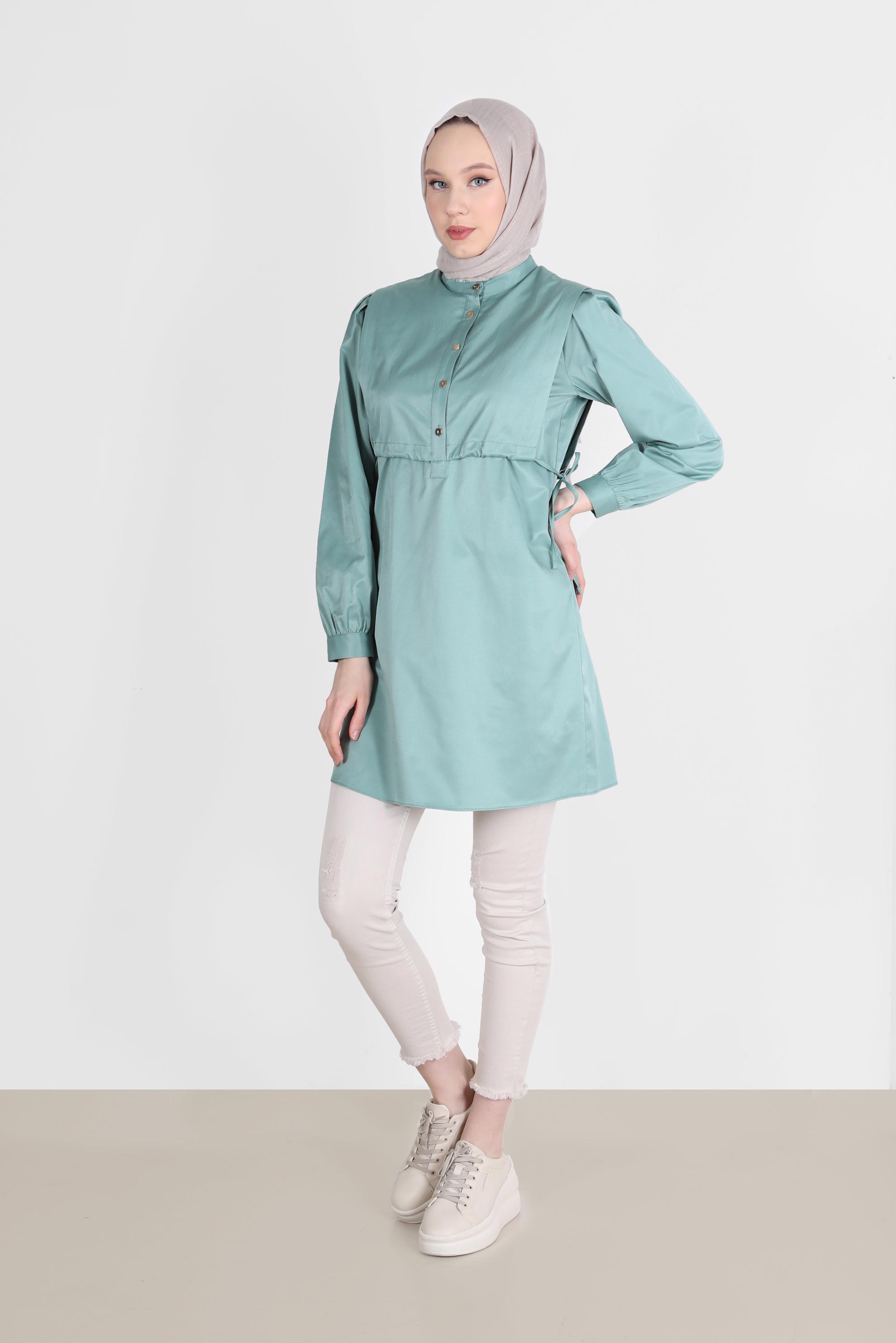 Tesettür giyim MAVİ BELİ BÜZGÜLÜ DÜĞMELİ TUNİK 42664 