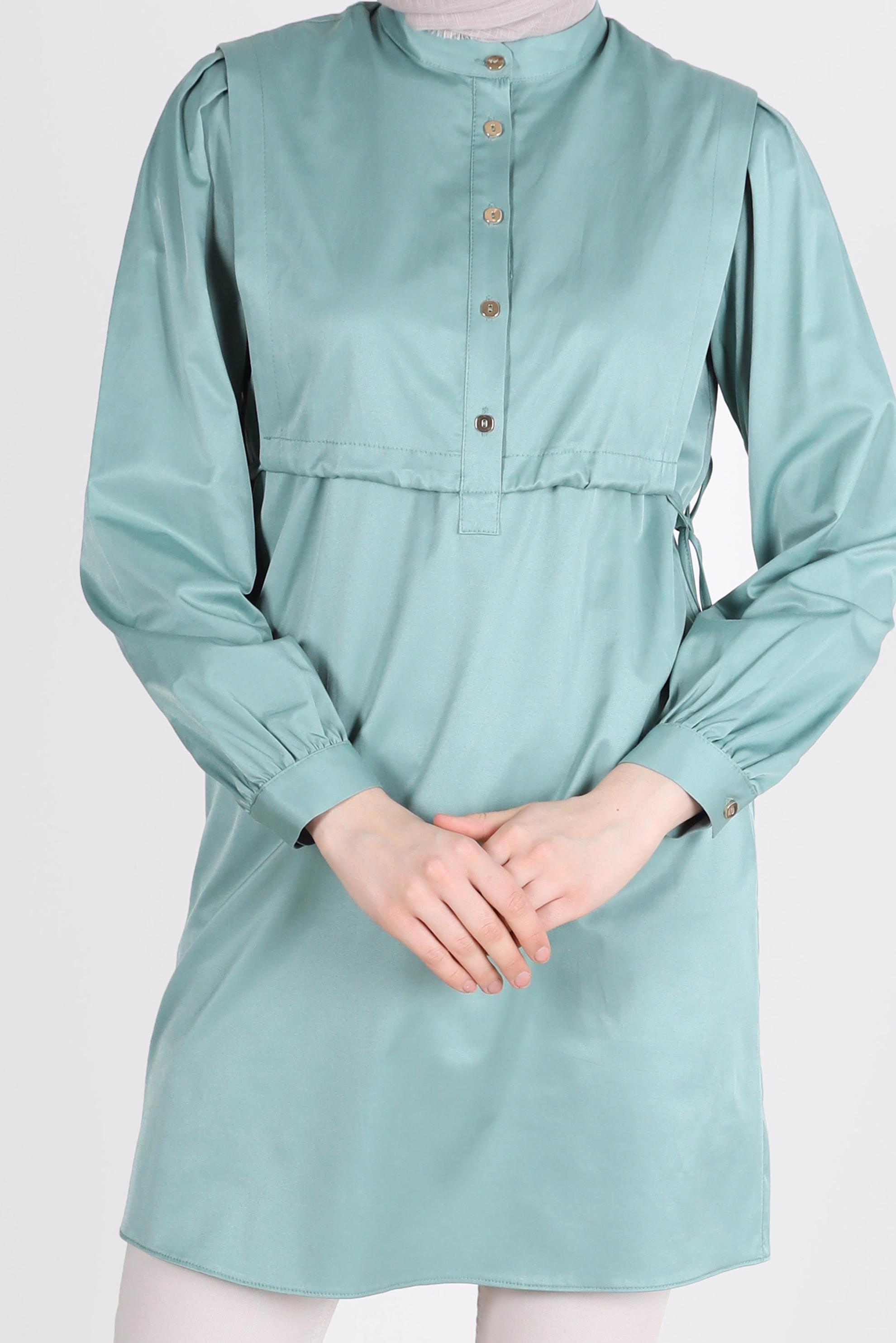 Tesettür giyim MAVİ BELİ BÜZGÜLÜ DÜĞMELİ TUNİK 42664 