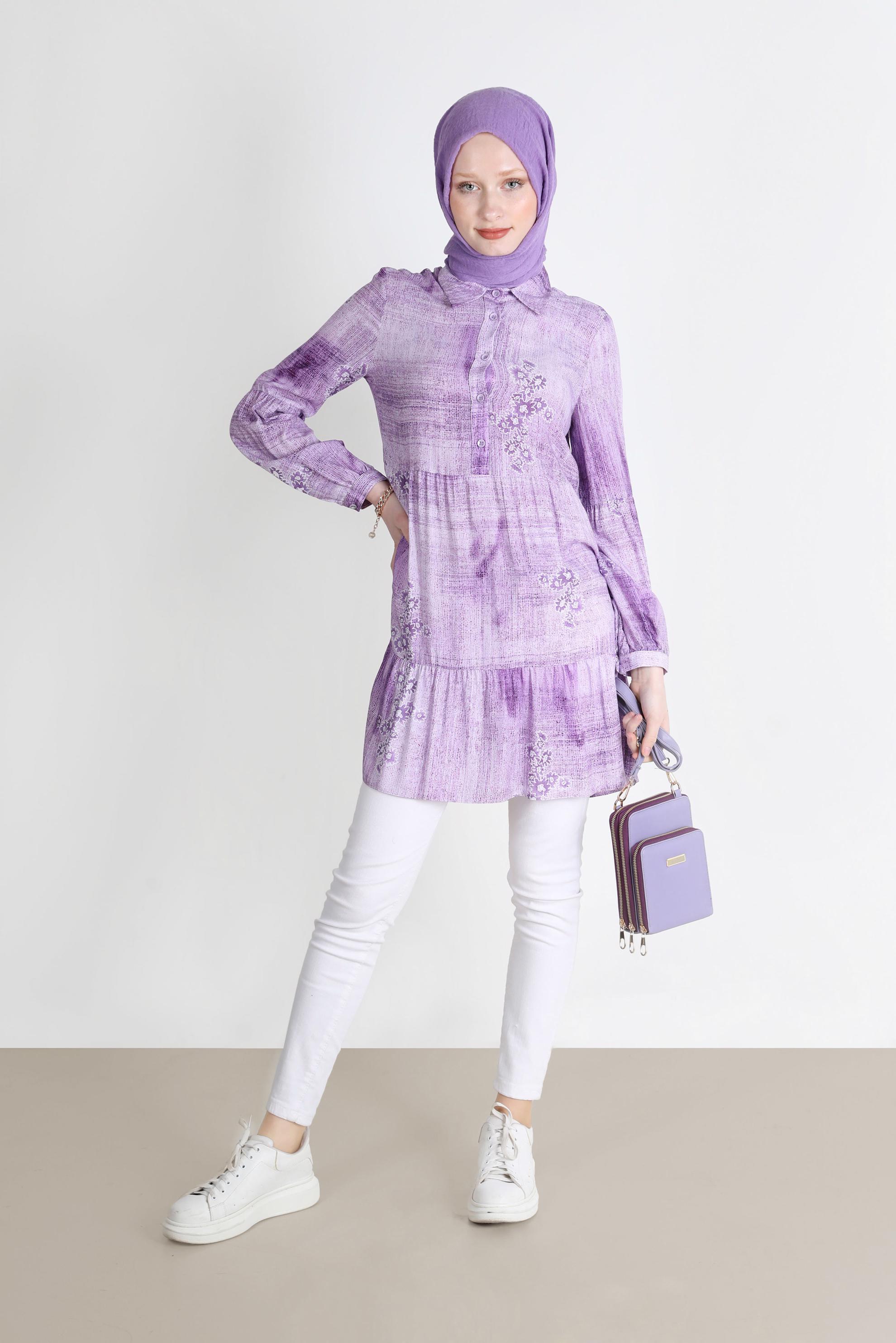 Tesettür giyim MOR BATİK DESEN ÇİÇEKLİ TUNİK 42666 