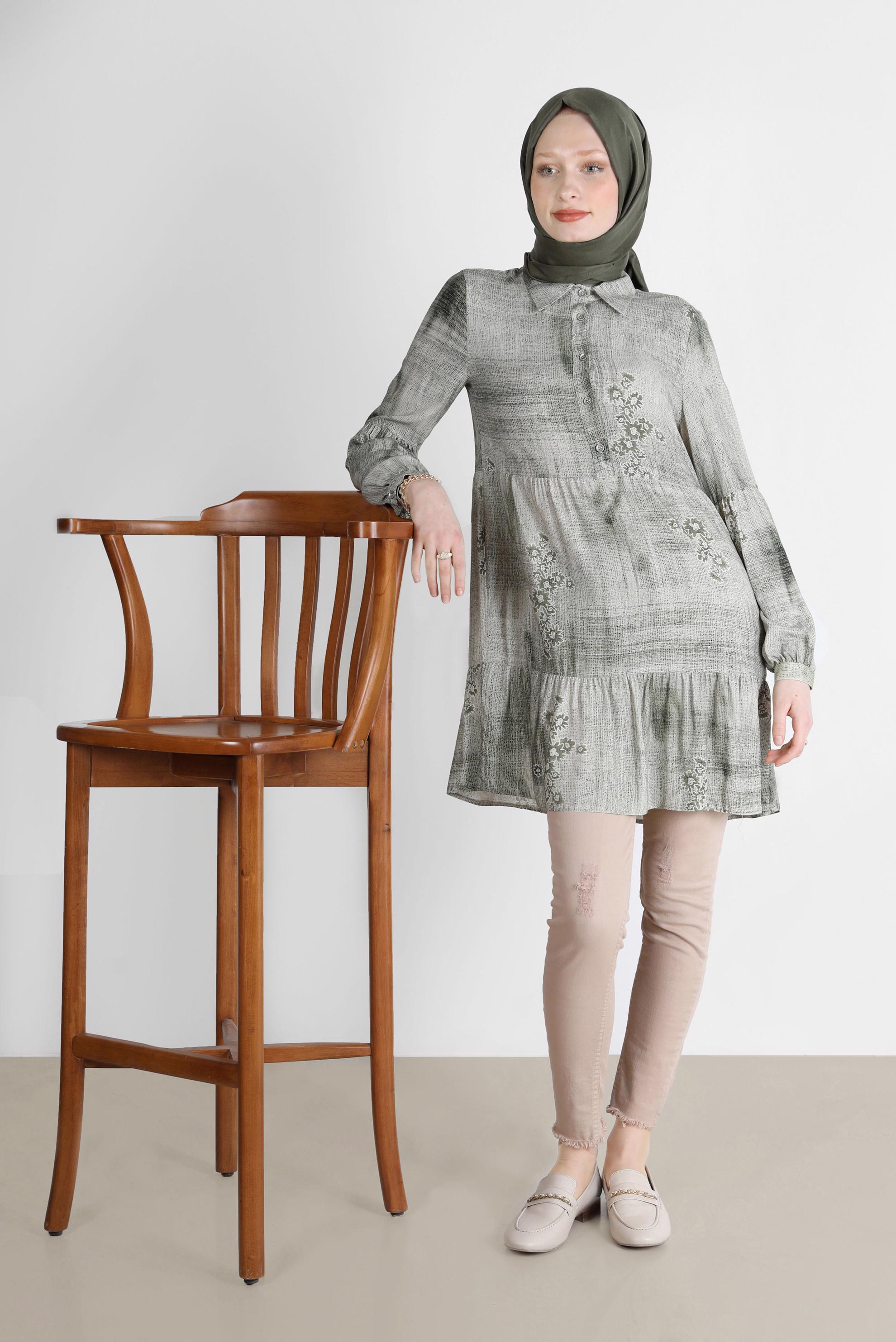 Tesettür giyim HAKİ BATİK DESEN ÇİÇEKLİ TUNİK 42666 