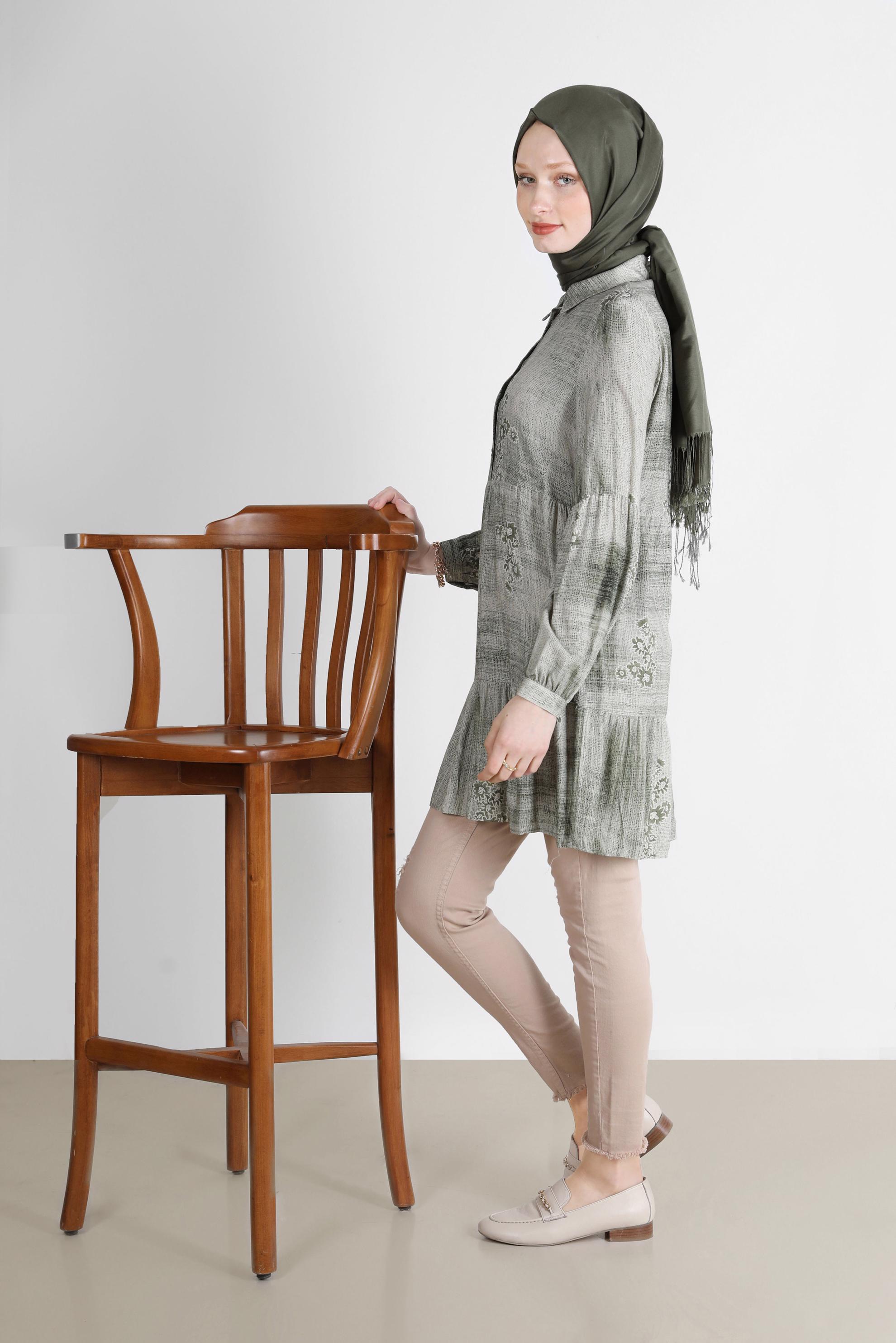 Tesettür giyim HAKİ BATİK DESEN ÇİÇEKLİ TUNİK 42666 