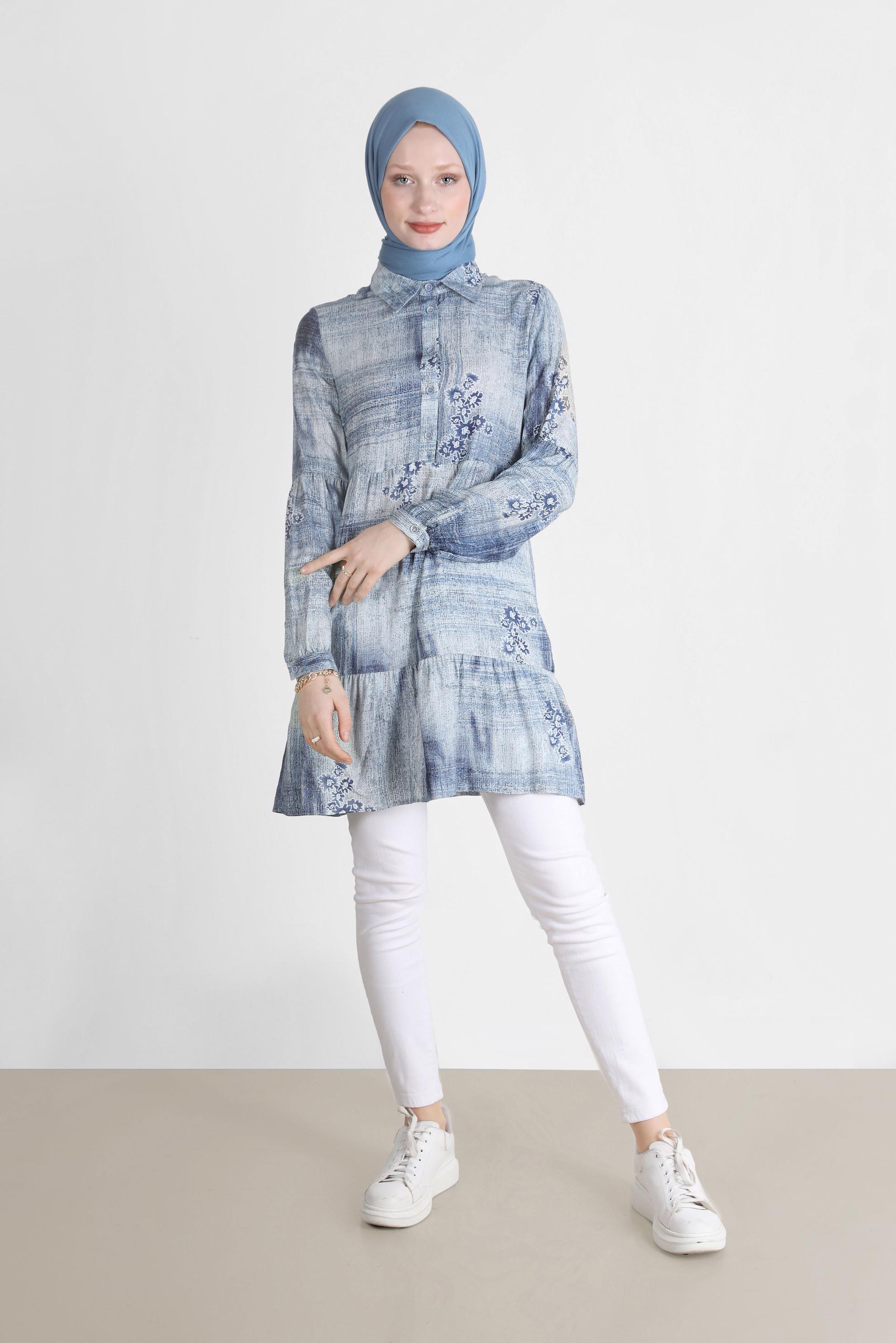 Tesettür giyim LACİVERT BATİK DESEN ÇİÇEKLİ TUNİK 42666 