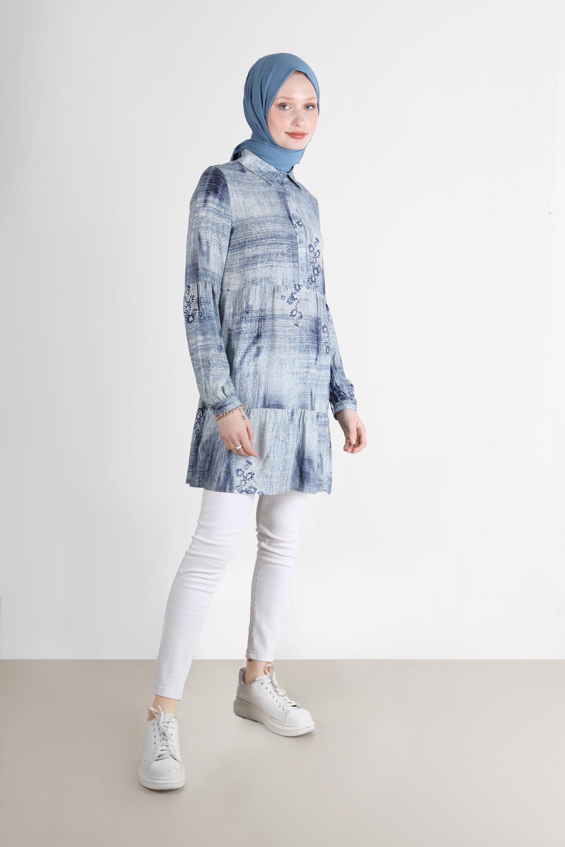 Tesettür giyim LACİVERT BATİK DESEN ÇİÇEKLİ TUNİK 42666 