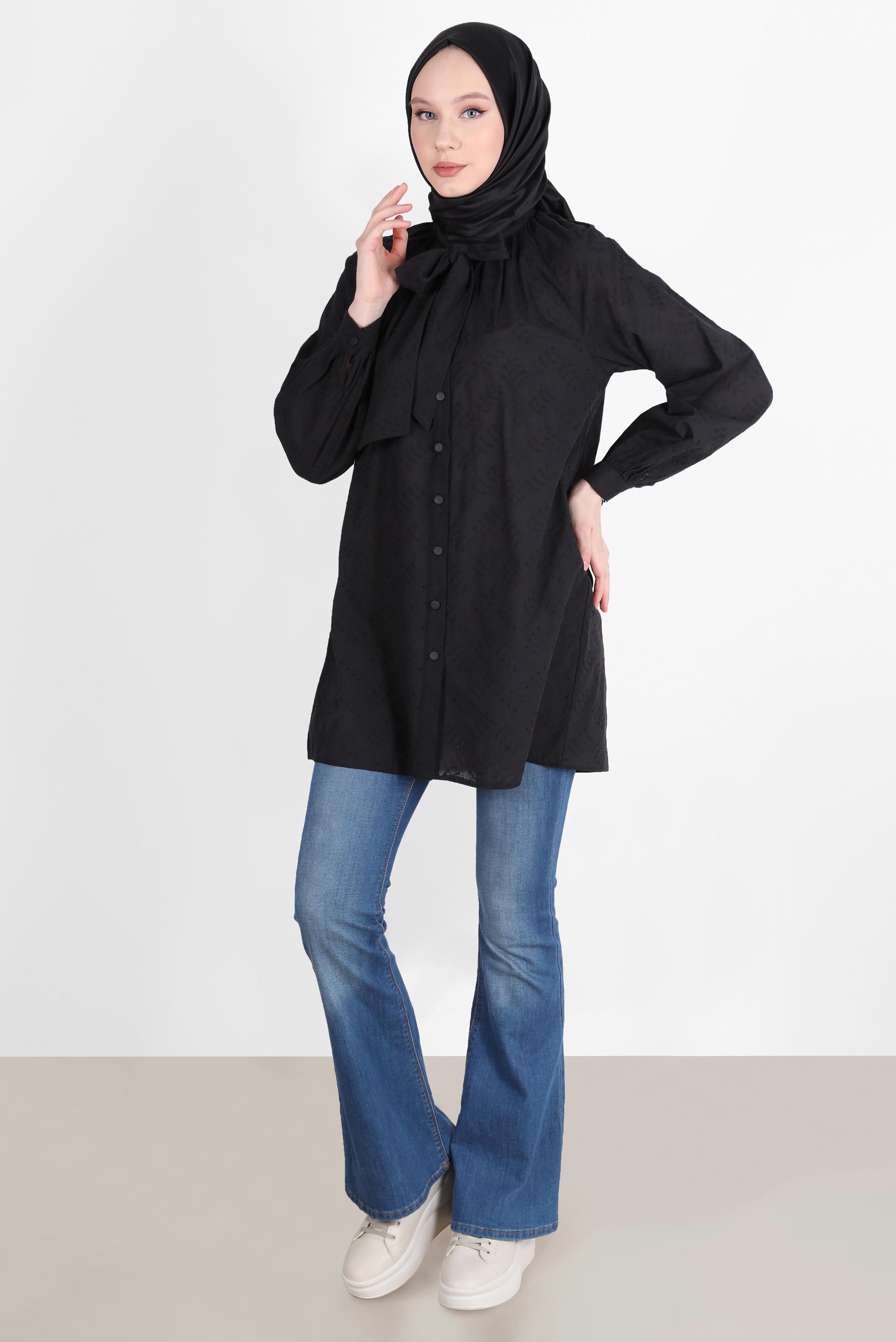 Tesettür giyim SİYAH BAĞLAMA DETAYLI DÜĞMELİ FİSTOLU PAMUKLU TUNİK 42682