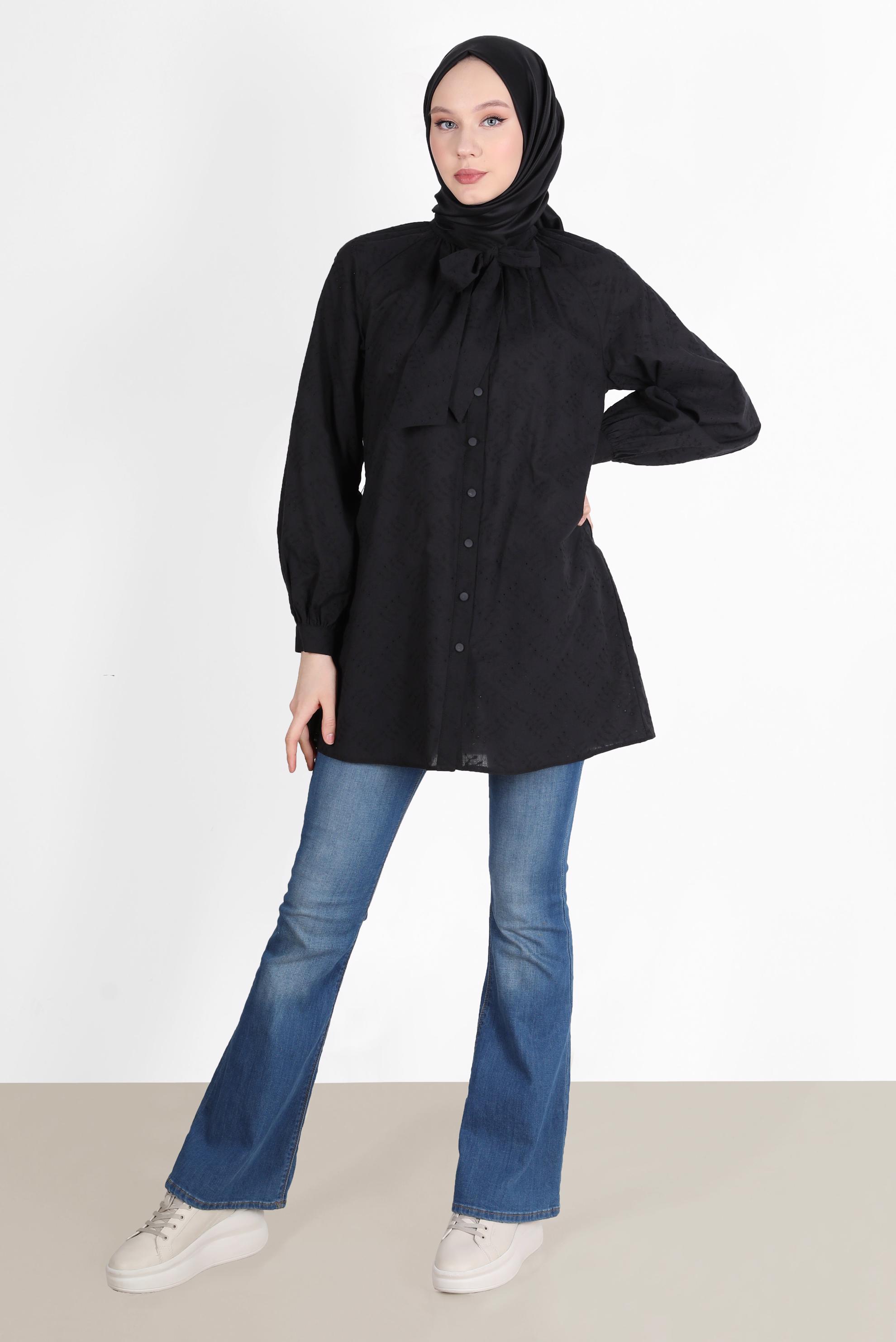 Tesettür giyim SİYAH BAĞLAMA DETAYLI DÜĞMELİ FİSTOLU PAMUKLU TUNİK 42682