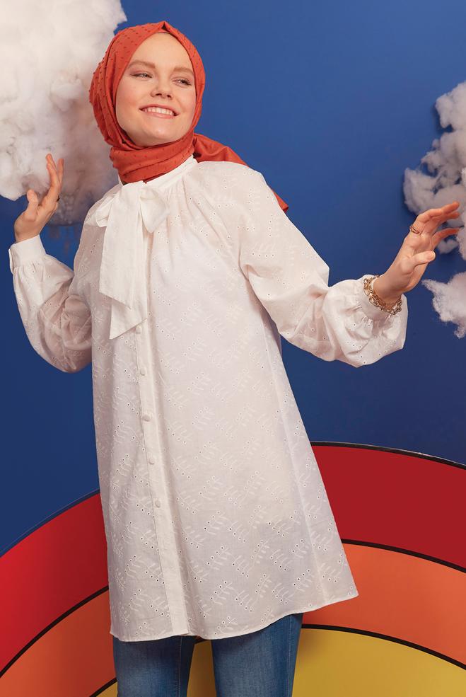 Hijab clothing  TIE DETAIL BUTTONED CUTWORK COTTON TUNIC 42682 - ALVİNA