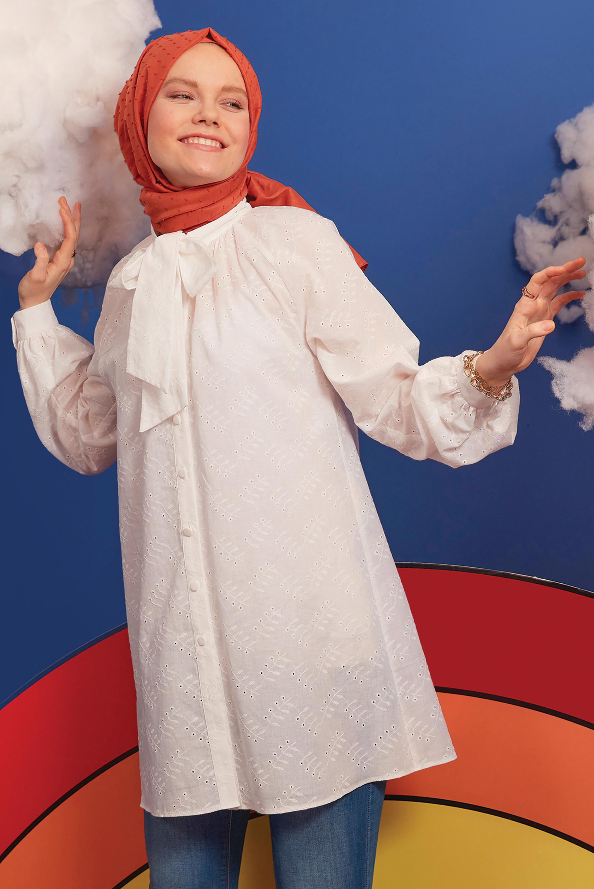 Hijab clothing WHITE TIE DETAIL BUTTONED CUTWORK COTTON TUNIC 42682