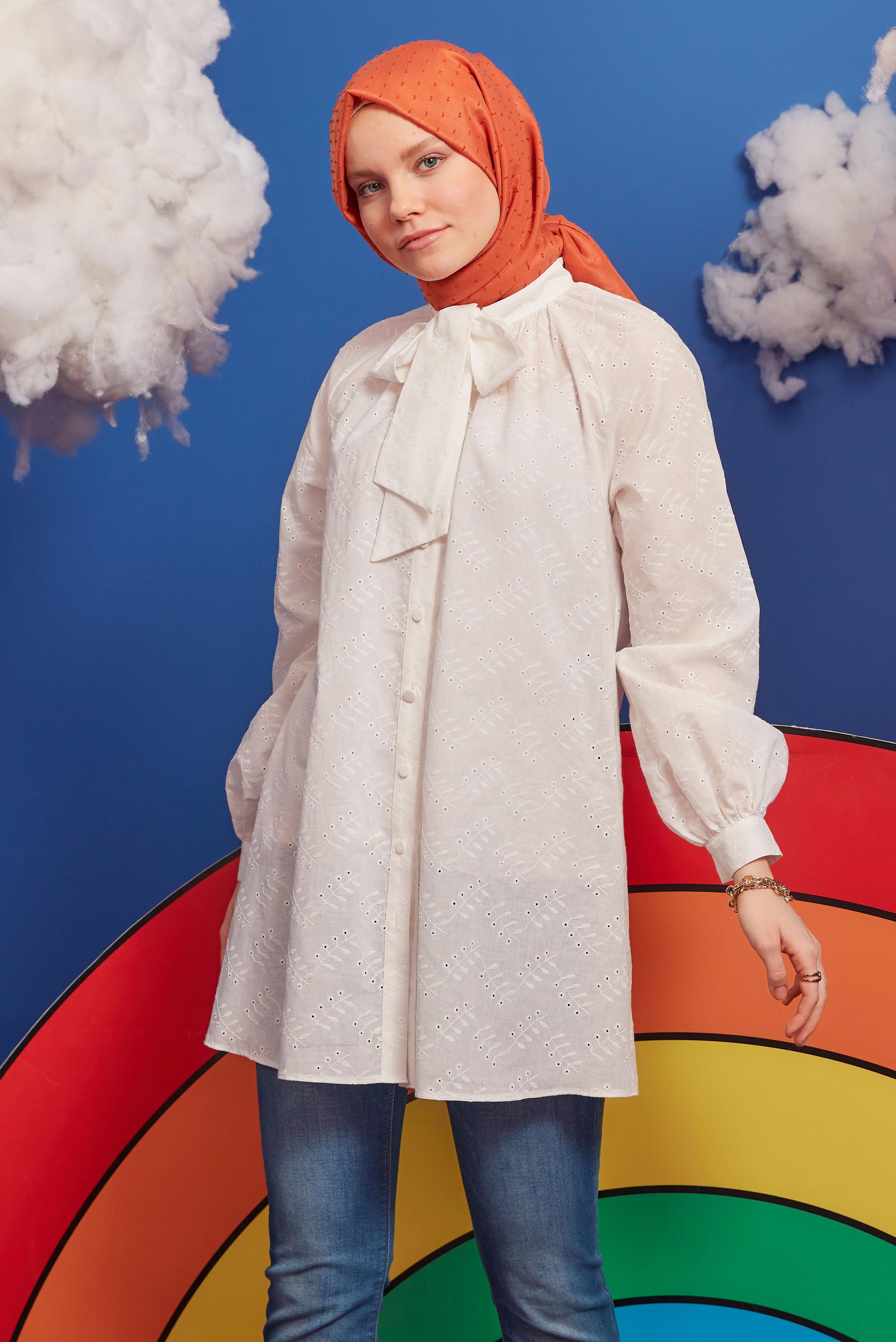 Hijab clothing WHITE TIE DETAIL BUTTONED CUTWORK COTTON TUNIC 42682