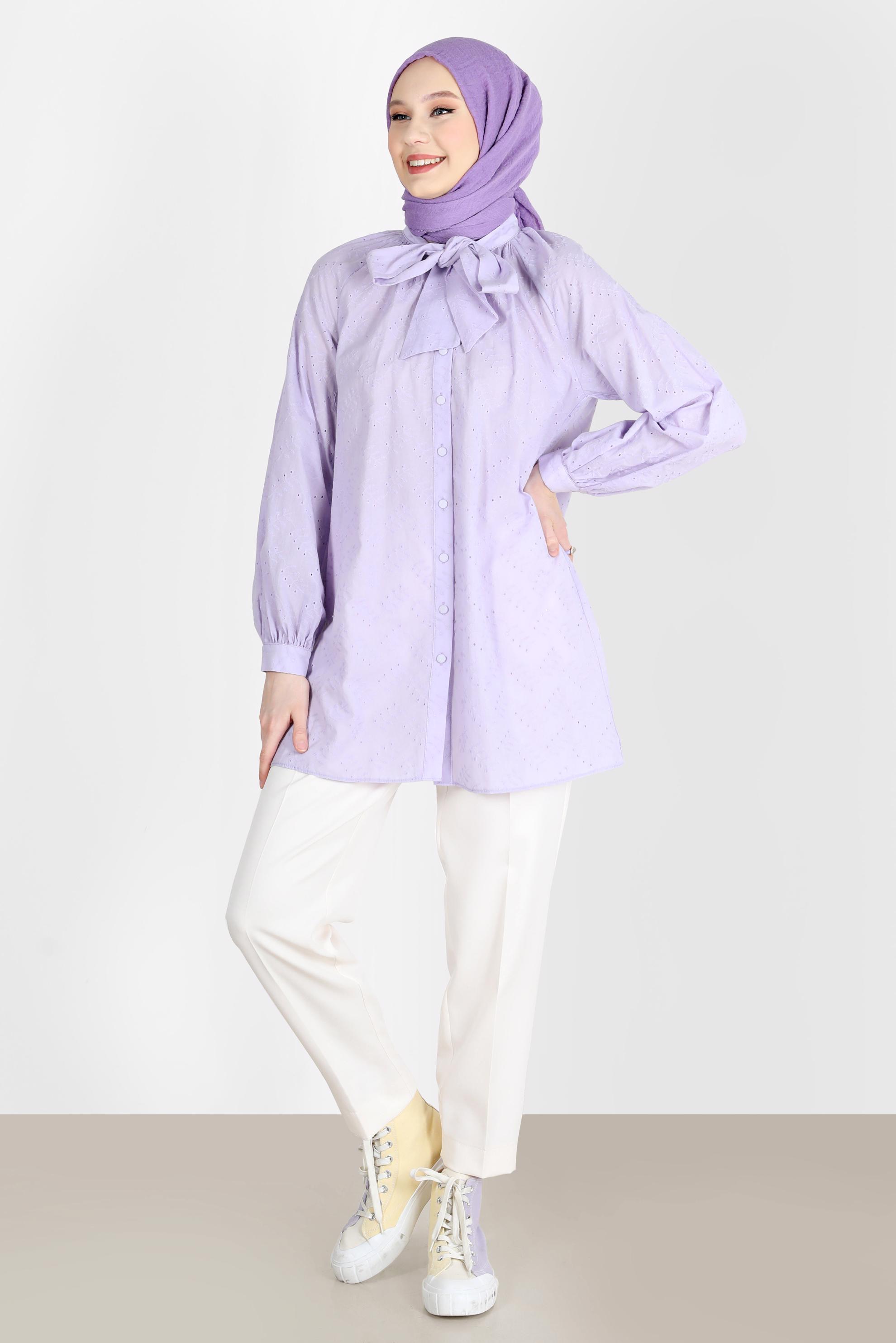 Tesettür giyim MOR BAĞLAMA DETAYLI DÜĞMELİ FİSTOLU PAMUKLU TUNİK 42682