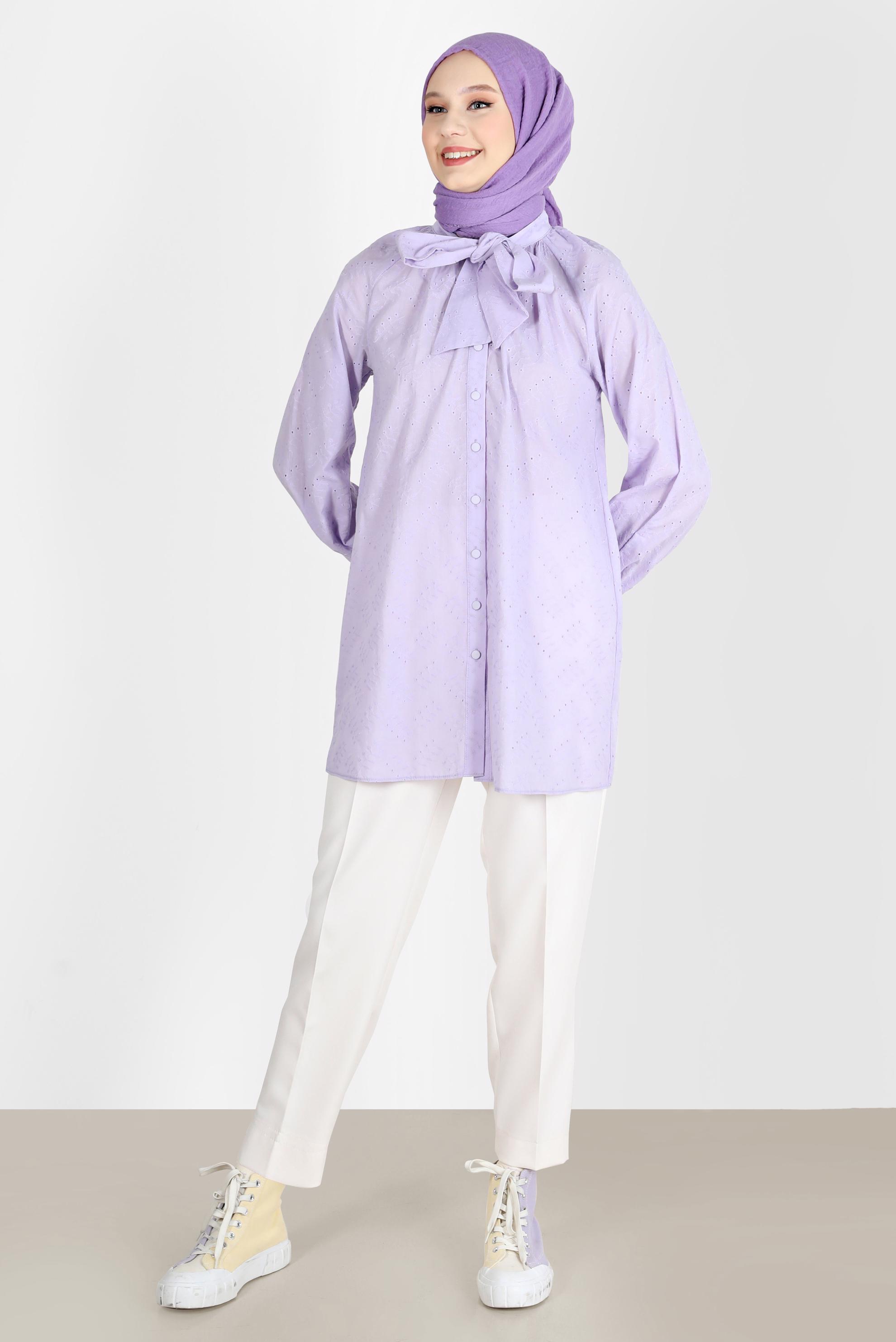 Tesettür giyim MOR BAĞLAMA DETAYLI DÜĞMELİ FİSTOLU PAMUKLU TUNİK 42682