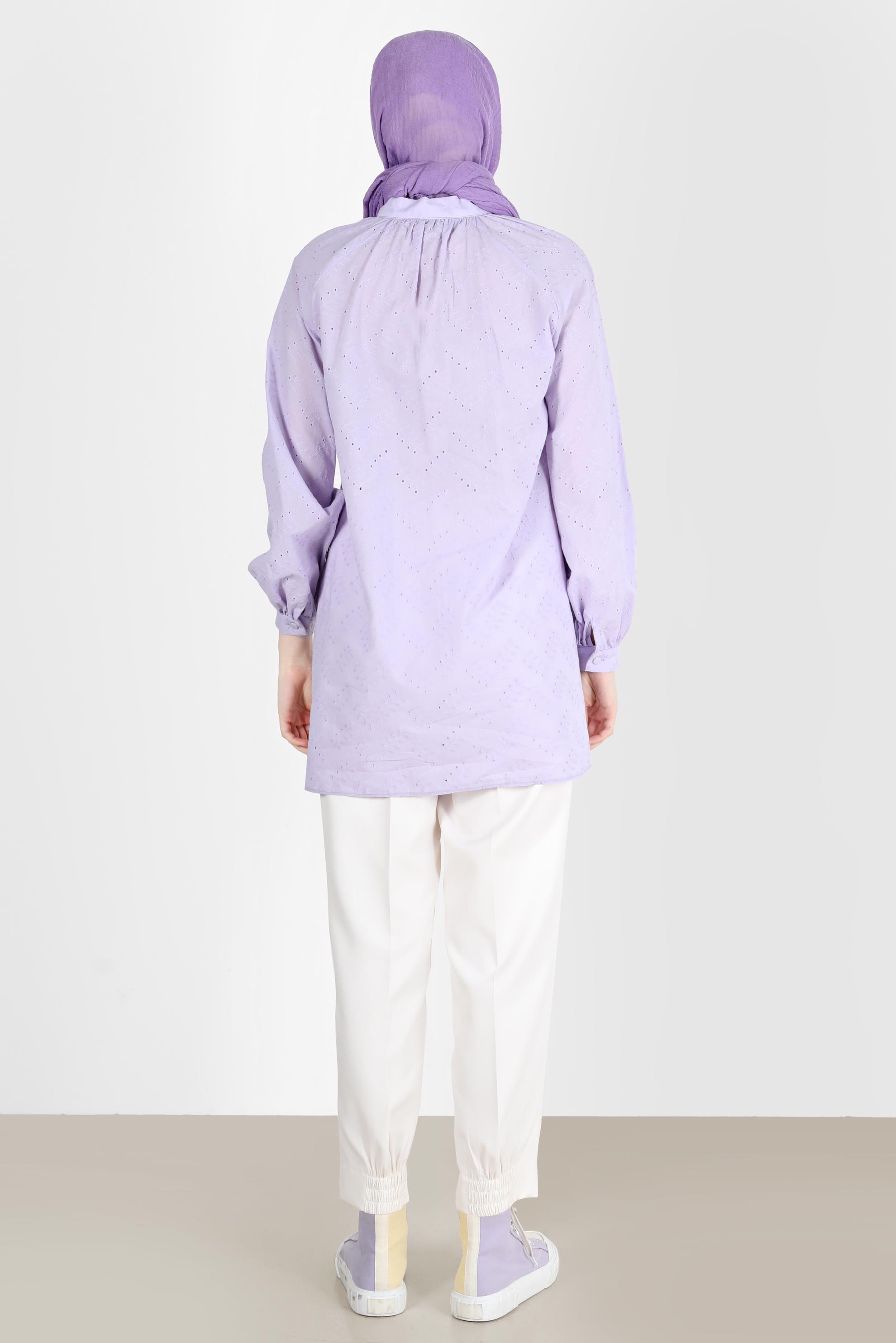 Tesettür giyim MOR BAĞLAMA DETAYLI DÜĞMELİ FİSTOLU PAMUKLU TUNİK 42682