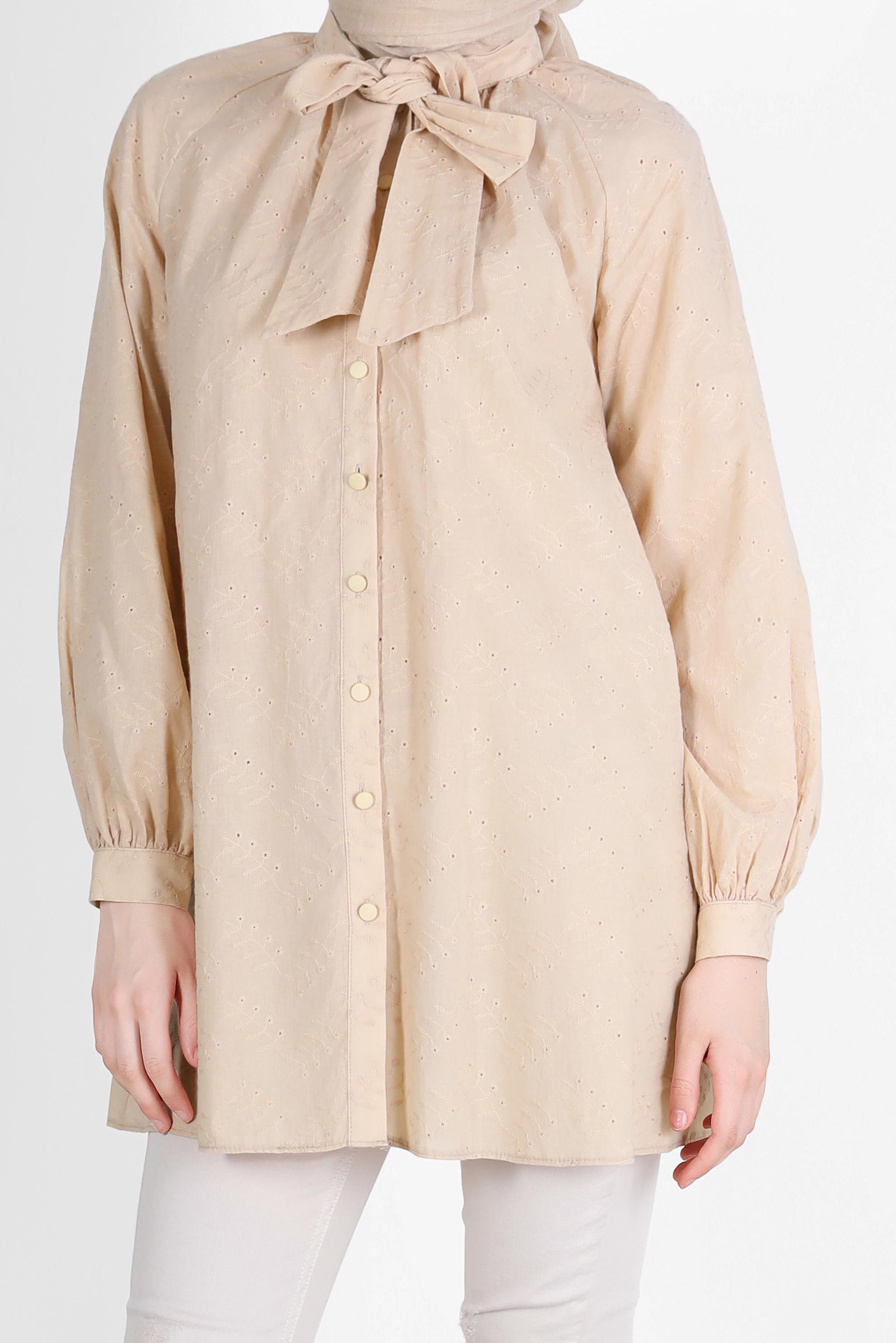 Tesettür giyim BEJ BAĞLAMA DETAYLI DÜĞMELİ FİSTOLU PAMUKLU TUNİK 42682