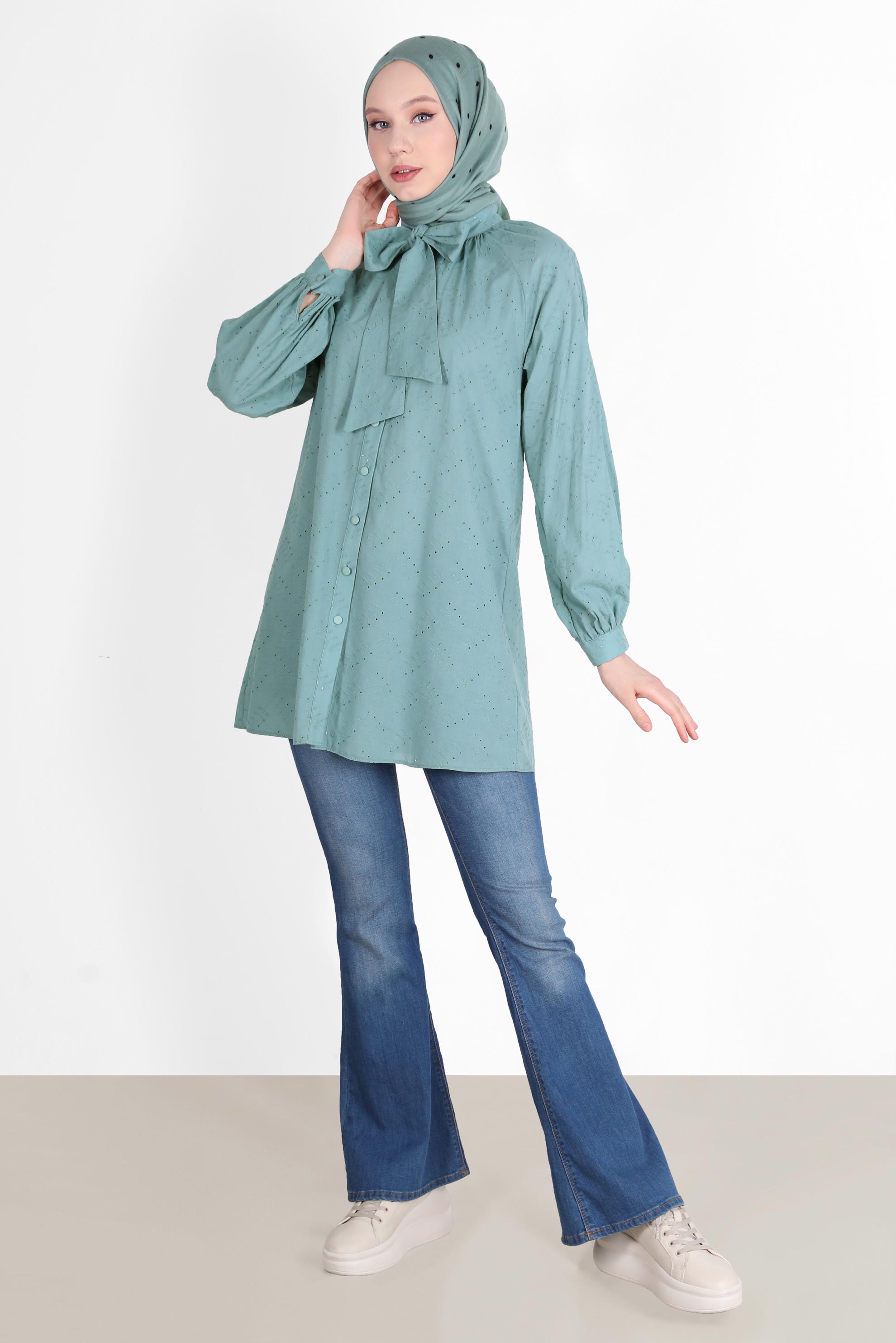 Tesettür giyim MAVİ BAĞLAMA DETAYLI DÜĞMELİ FİSTOLU PAMUKLU TUNİK 42682