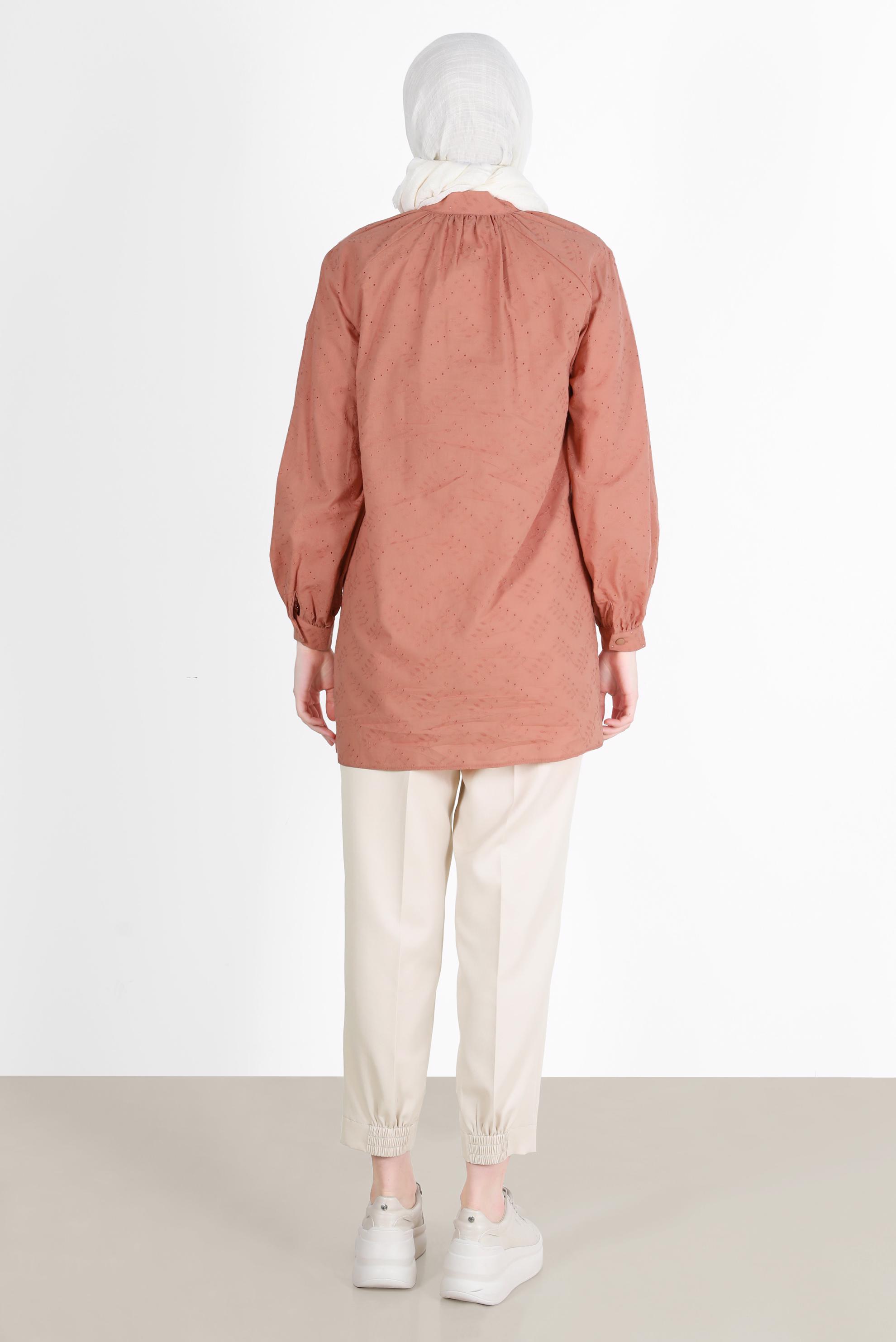 Tesettür giyim PEMBE BAĞLAMA DETAYLI DÜĞMELİ FİSTOLU PAMUKLU TUNİK 42682