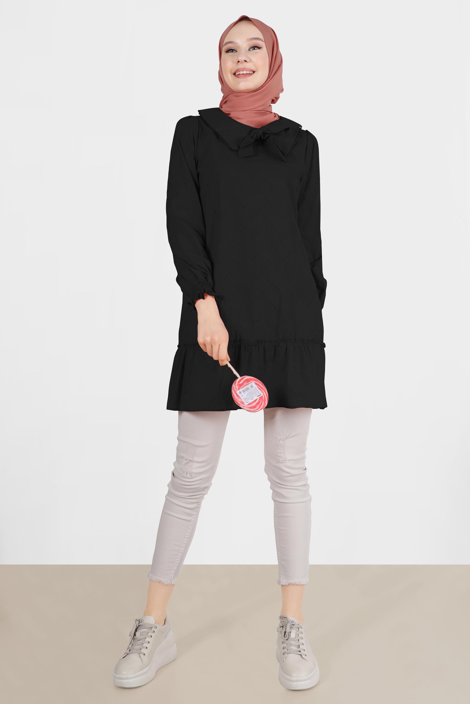 Tesettür giyim SİYAH YAKA DETAYLI FİSTOLU PAMUKLU TUNİK 42684 