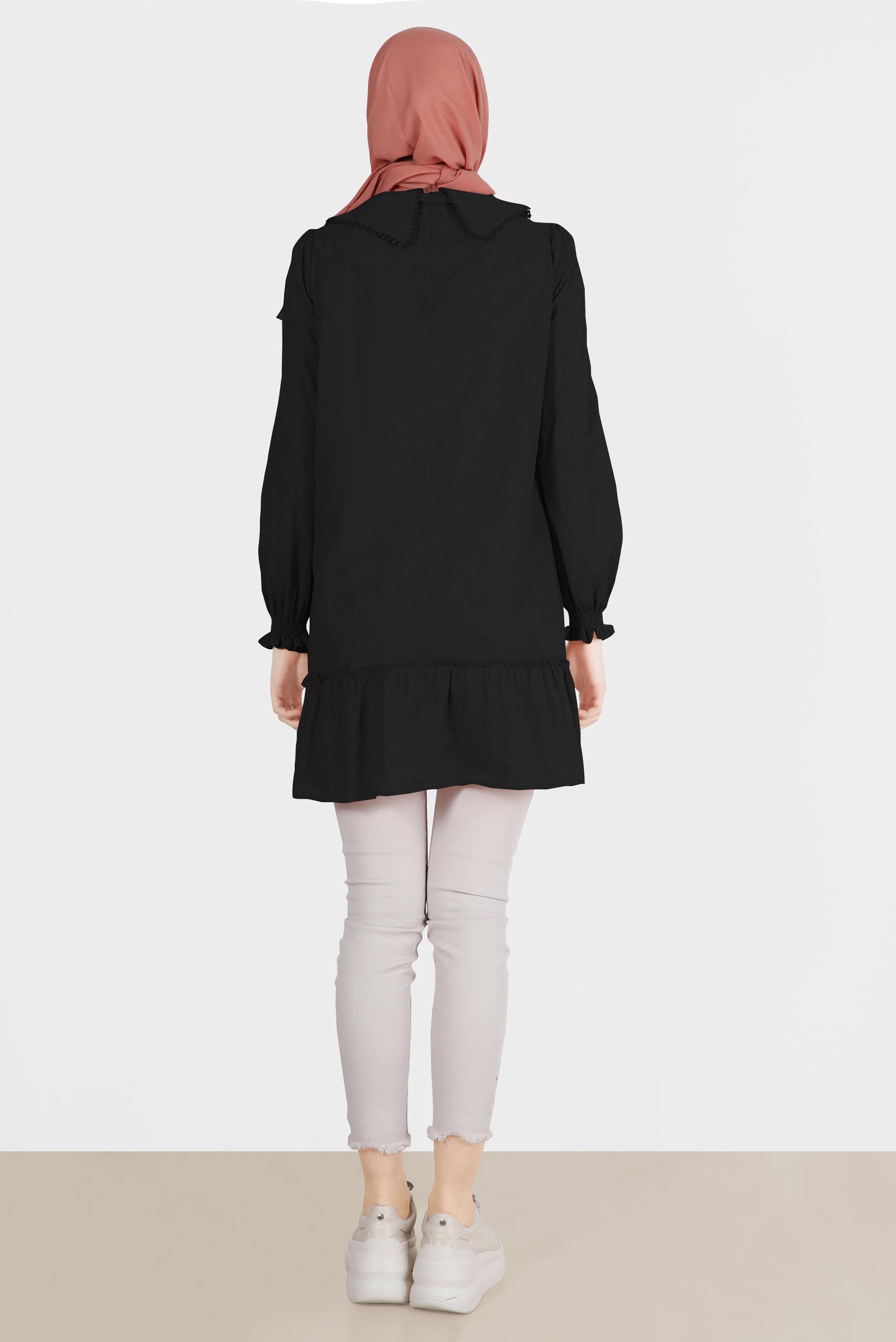 Tesettür giyim SİYAH YAKA DETAYLI FİSTOLU PAMUKLU TUNİK 42684 