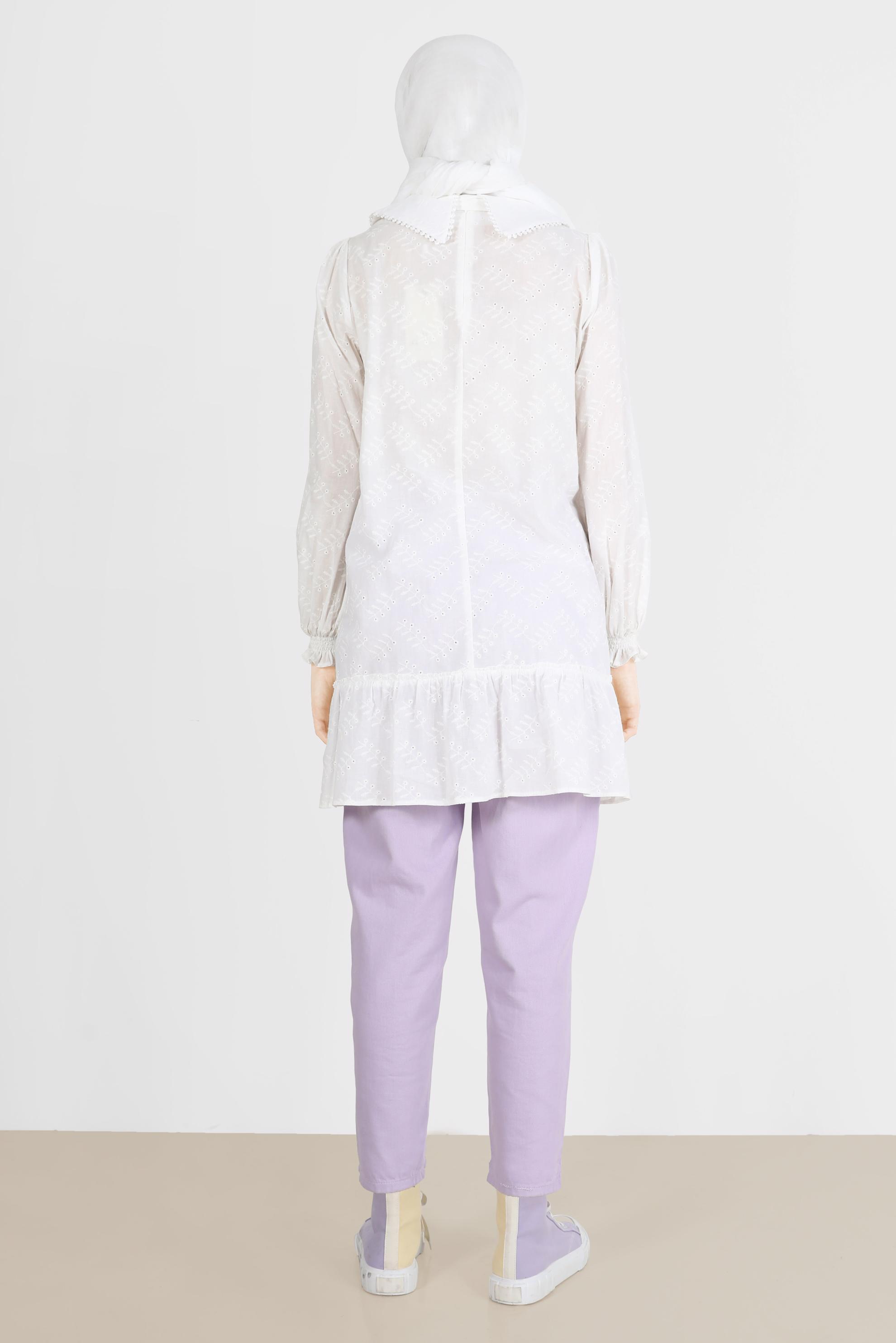 Tesettür giyim BEYAZ YAKA DETAYLI FİSTOLU PAMUKLU TUNİK 42684 