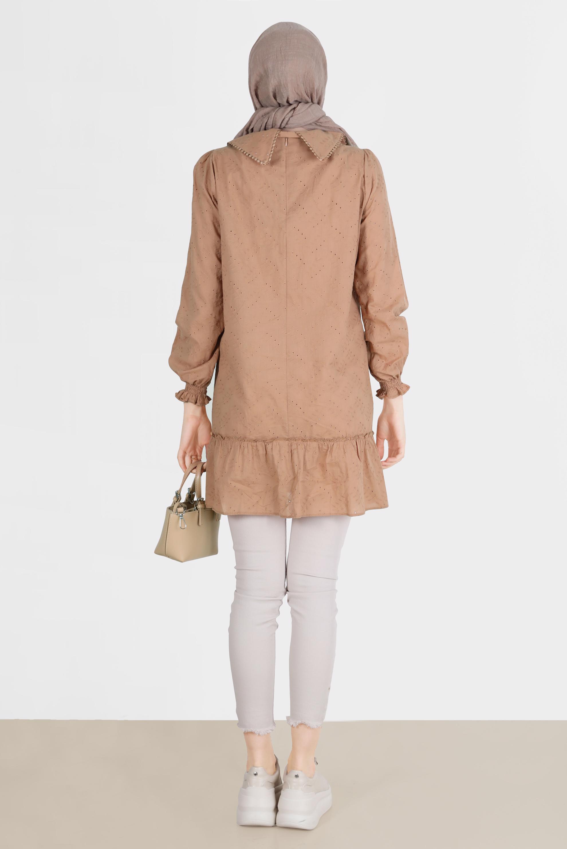 Tesettür giyim KAHVE YAKA DETAYLI FİSTOLU PAMUKLU TUNİK 42684 