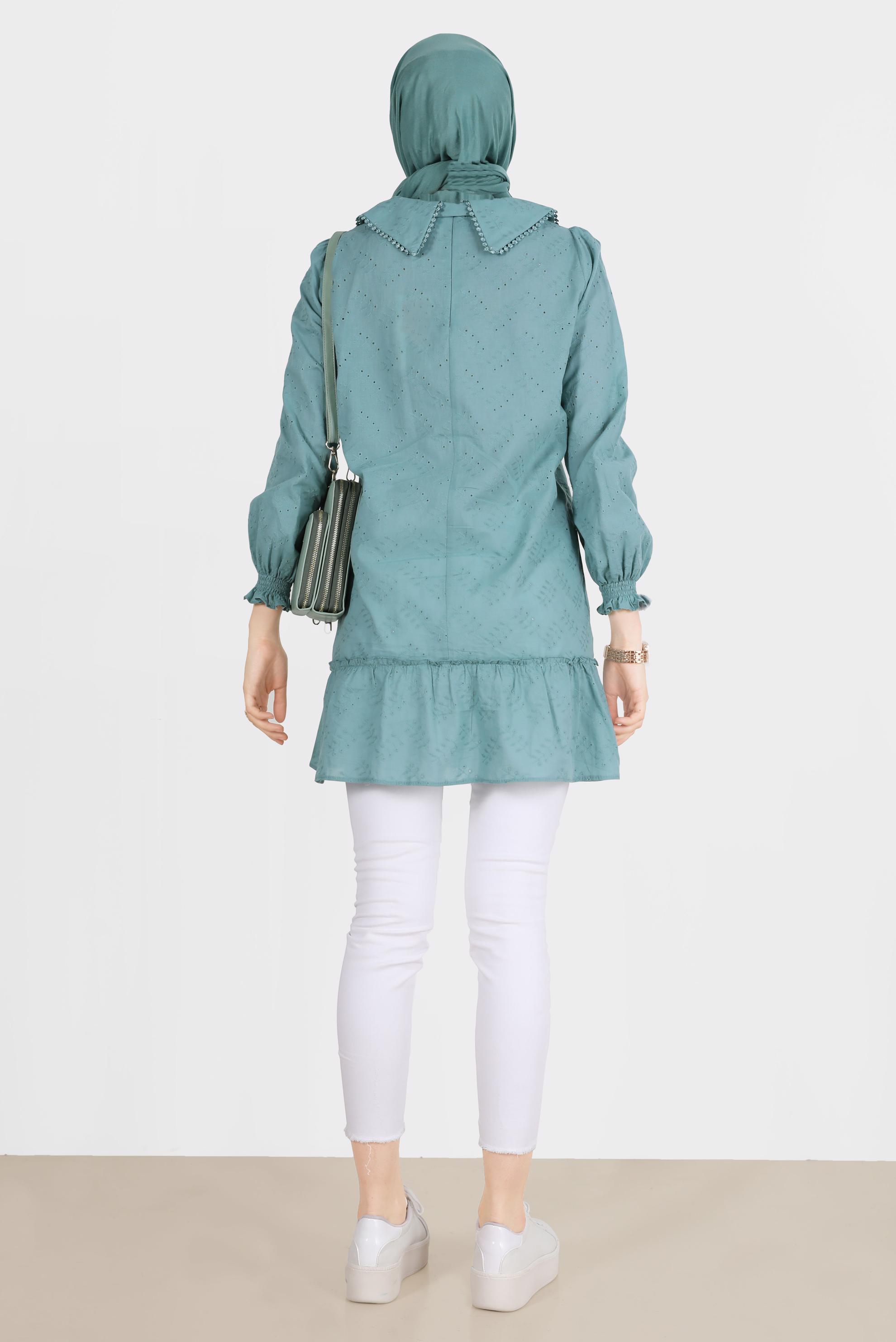 Tesettür giyim MAVİ YAKA DETAYLI FİSTOLU PAMUKLU TUNİK 42684 