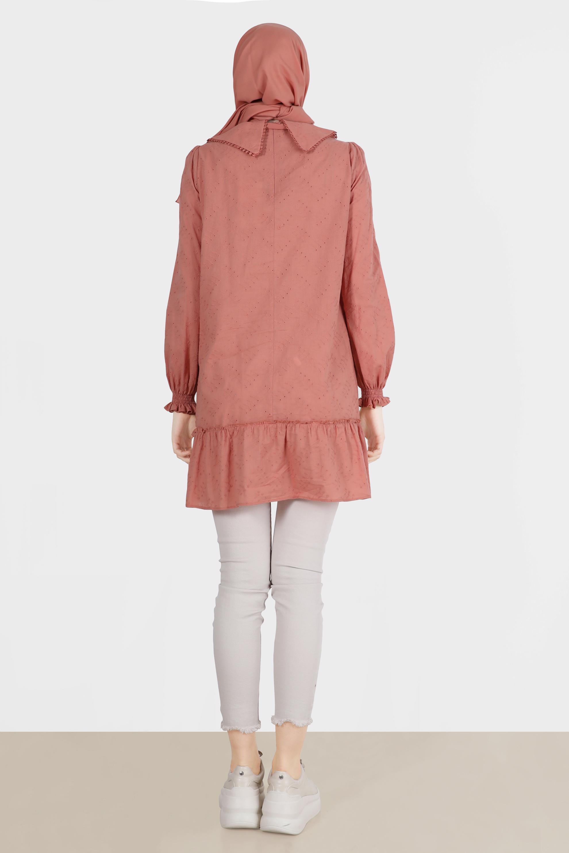 Tesettür giyim PEMBE YAKA DETAYLI FİSTOLU PAMUKLU TUNİK 42684 