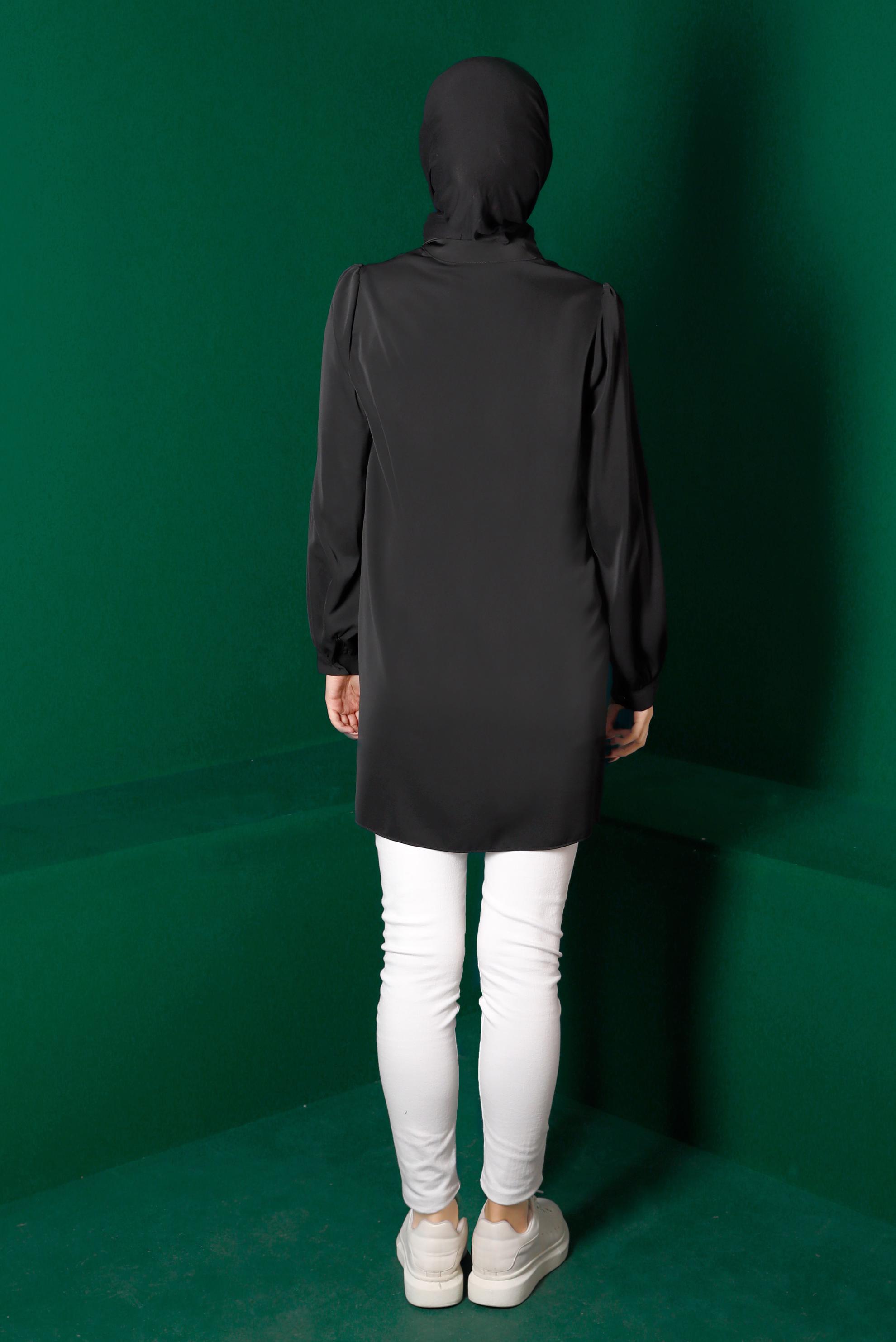 Tesettür giyim SİYAH BAĞLAMA DETAYLI NAKIŞLI TUNİK 42691