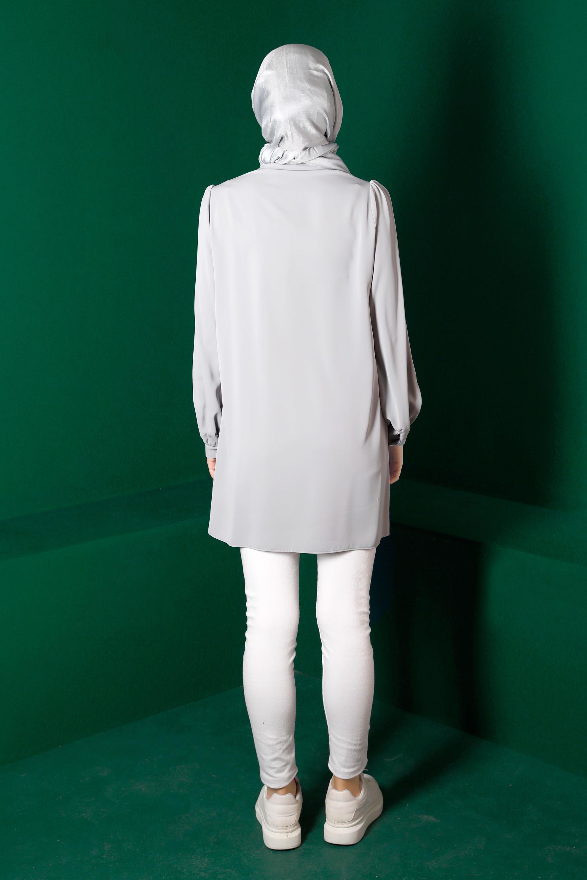 Tesettür giyim GRİ BAĞLAMA DETAYLI NAKIŞLI TUNİK 42691