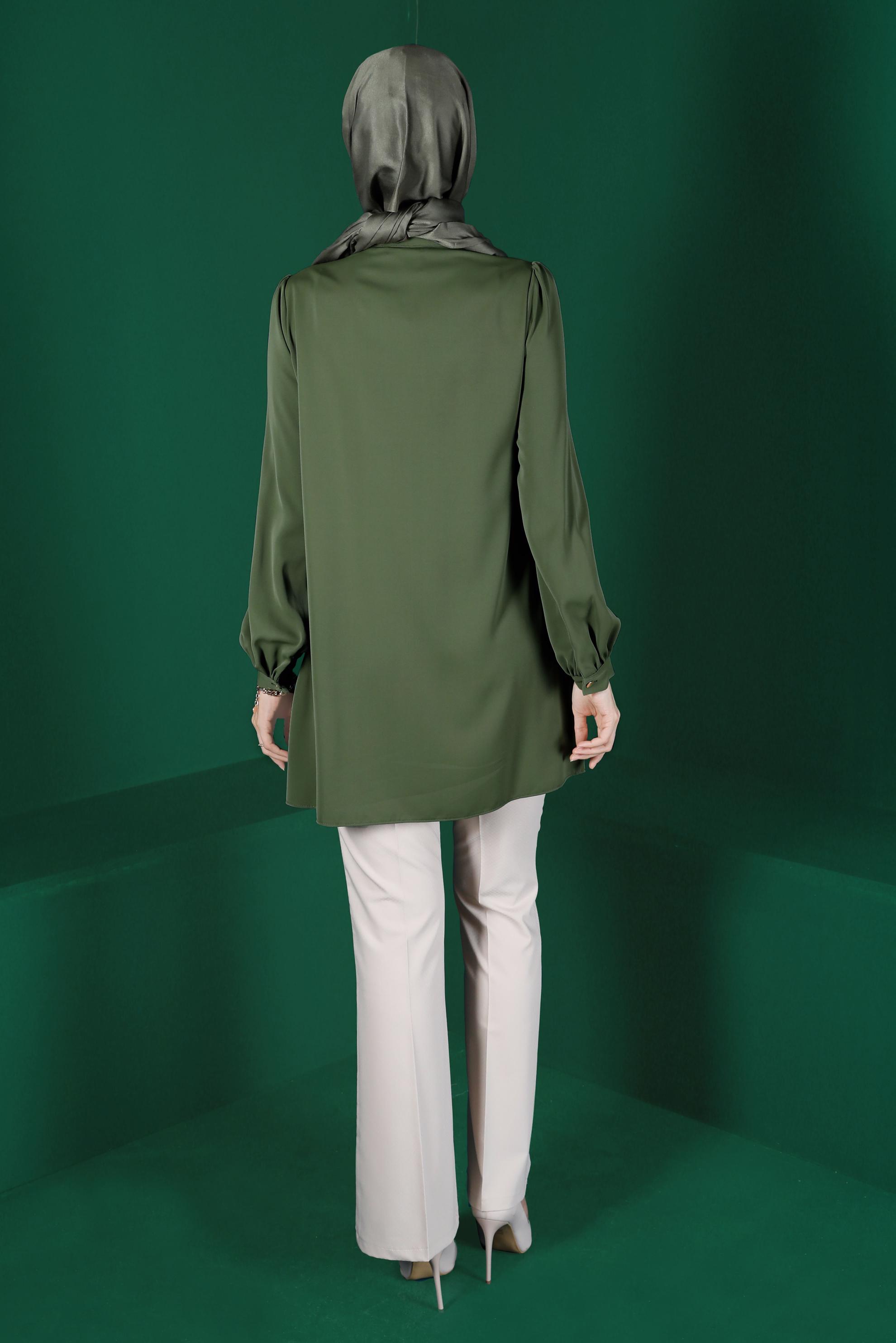 Tesettür giyim HAKİ BAĞLAMA DETAYLI NAKIŞLI TUNİK 42691