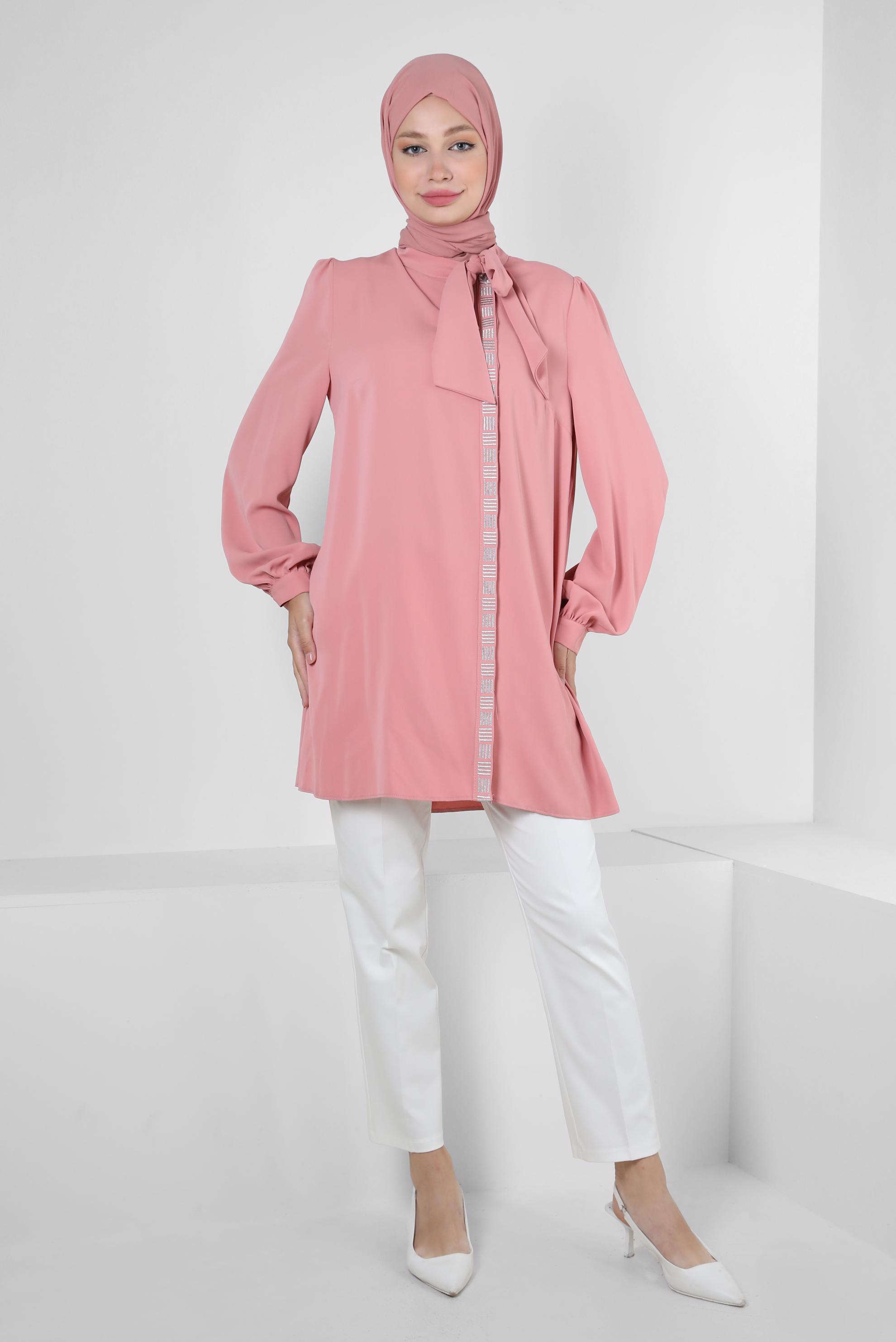 Tesettür giyim PUDRA BAĞLAMA DETAYLI NAKIŞLI TUNİK 42691