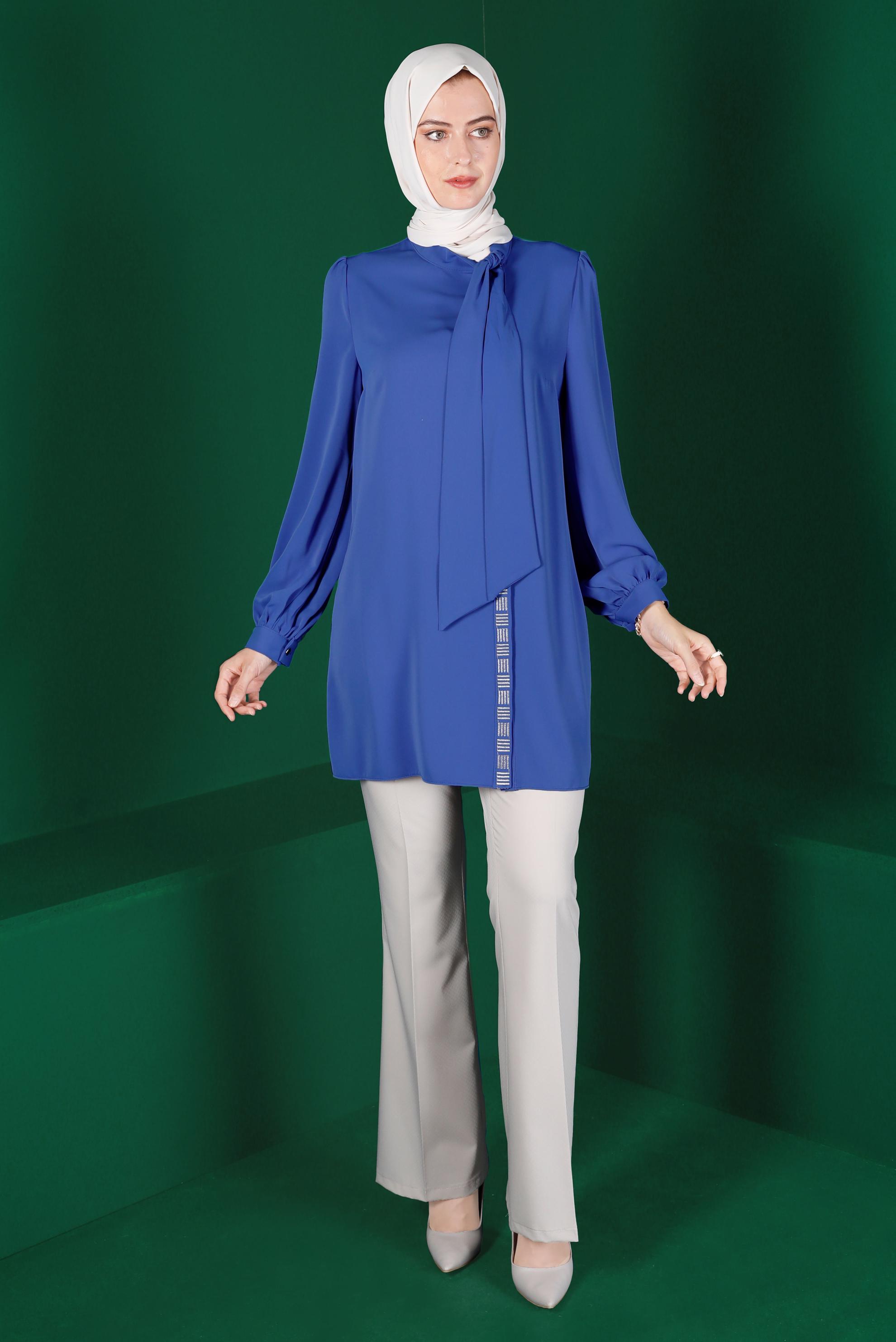 Tesettür giyim LACİVERT BAĞLAMA DETAYLI NAKIŞLI TUNİK 42691