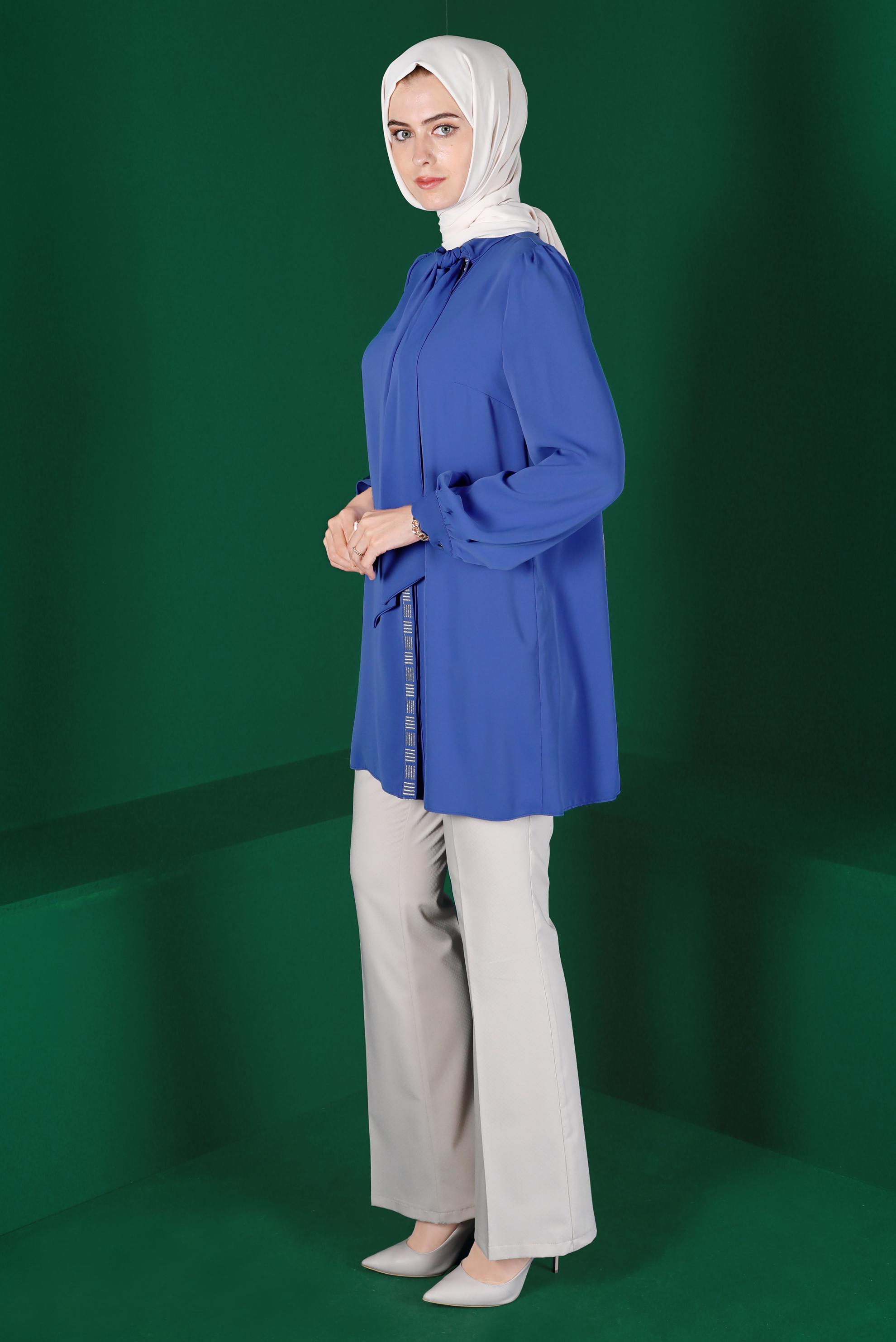 Tesettür giyim LACİVERT BAĞLAMA DETAYLI NAKIŞLI TUNİK 42691