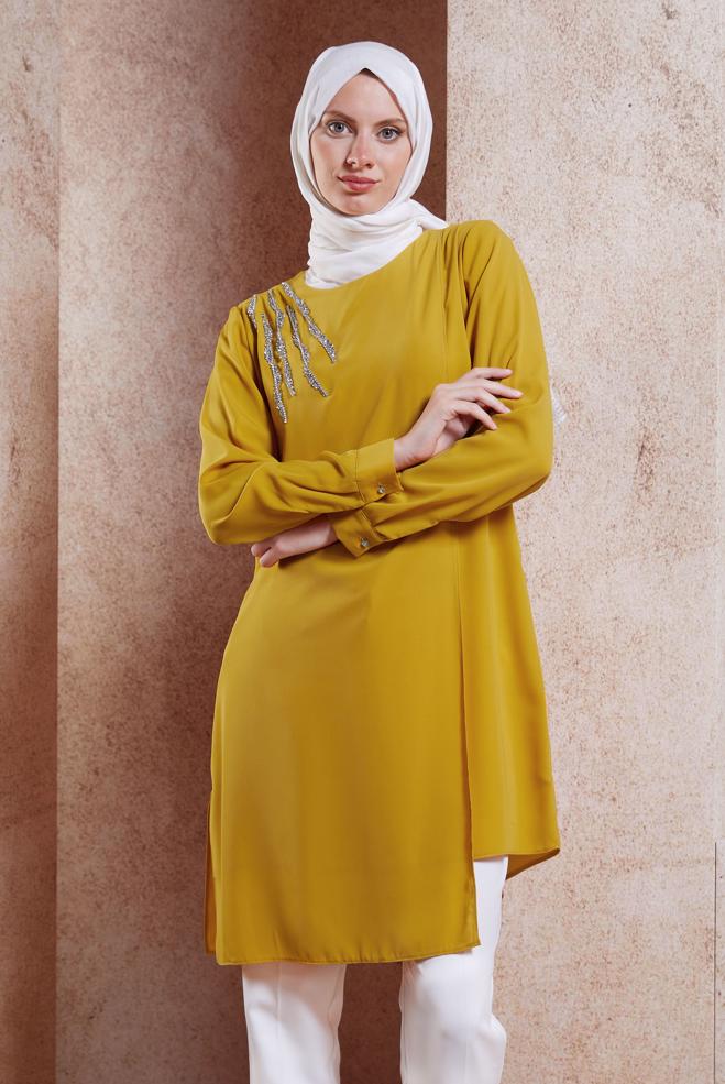 Vêtements hijab JAUNE TUNIQUE MODESTE DÉTAILLÉE GEM 42701 - ALVİNA