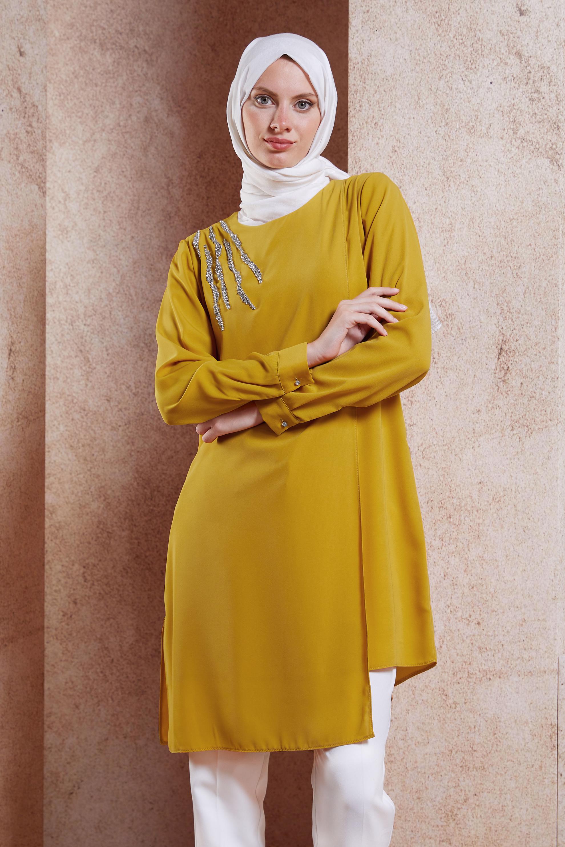 Tesettür giyim SARI TAŞ DETAYLI TESETTÜR TUNİK 42701