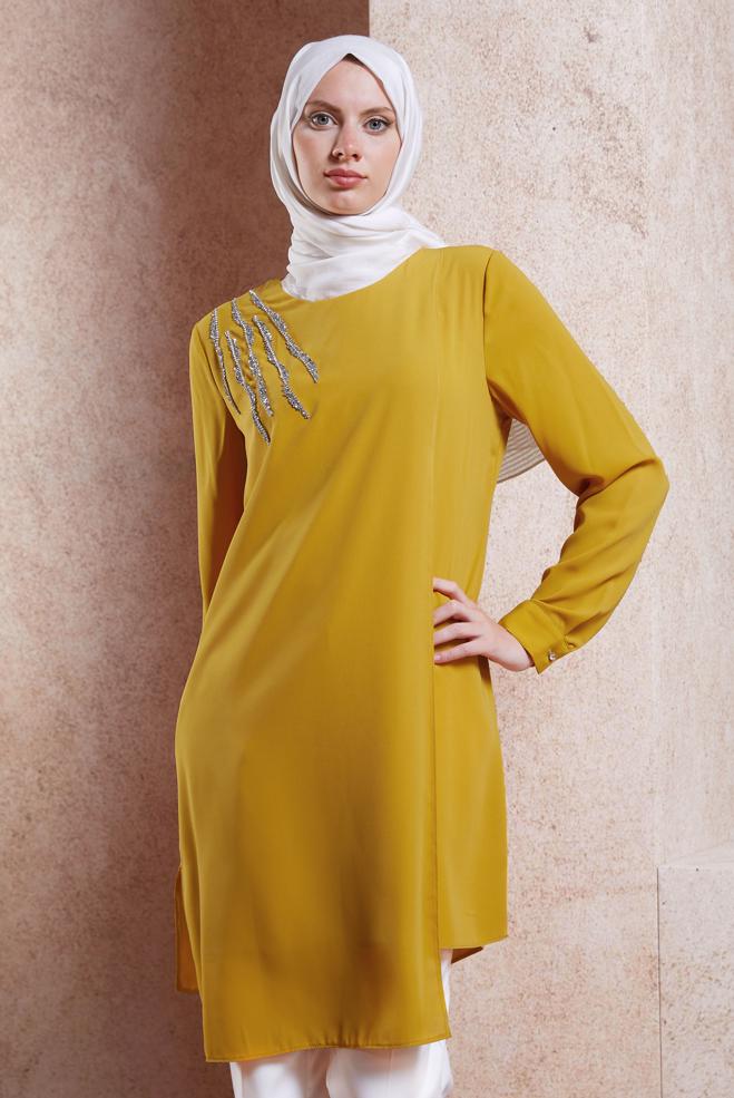 Vêtements hijab JAUNE TUNIQUE MODESTE DÉTAILLÉE GEM 42701 - ALVİNA