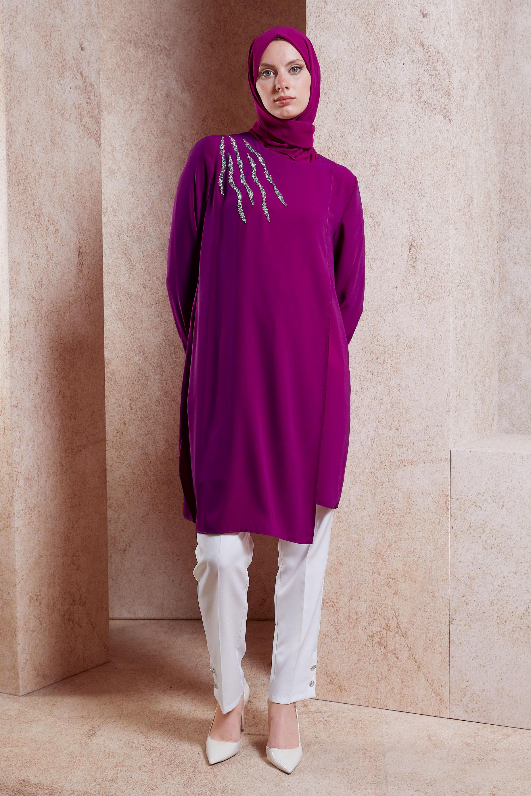 Tesettür giyim FUŞYA TAŞ DETAYLI TESETTÜR TUNİK 42701