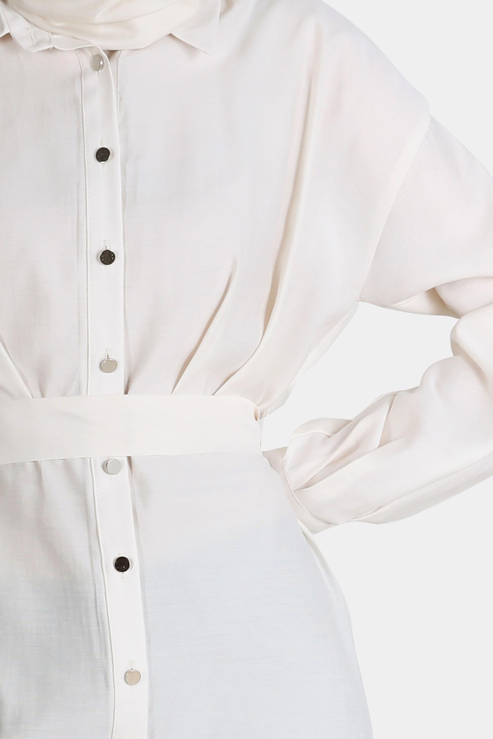 Tesettür giyim EKRU PİLE DETAYLI KUŞAKLI TUNİK 42702 