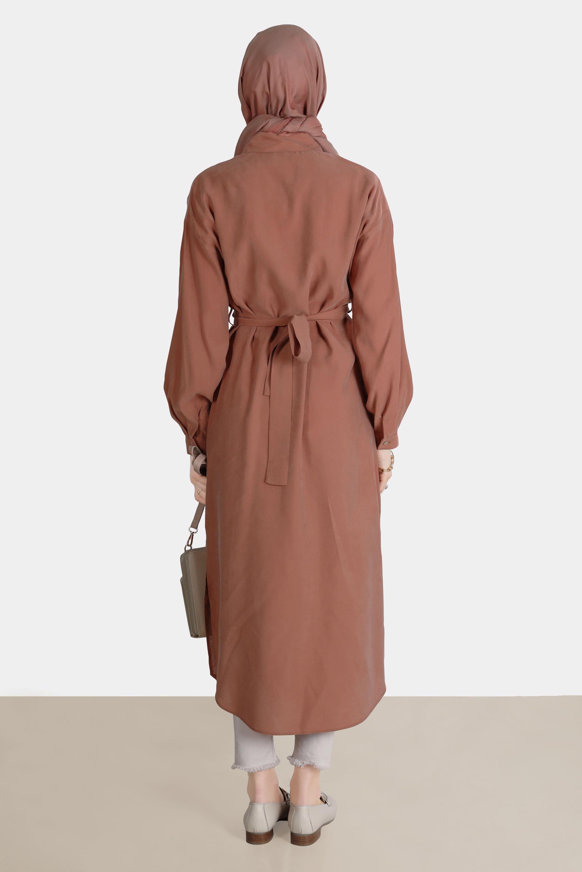 Tesettür giyim TURUNCU PİLE DETAYLI KUŞAKLI TUNİK 42702 