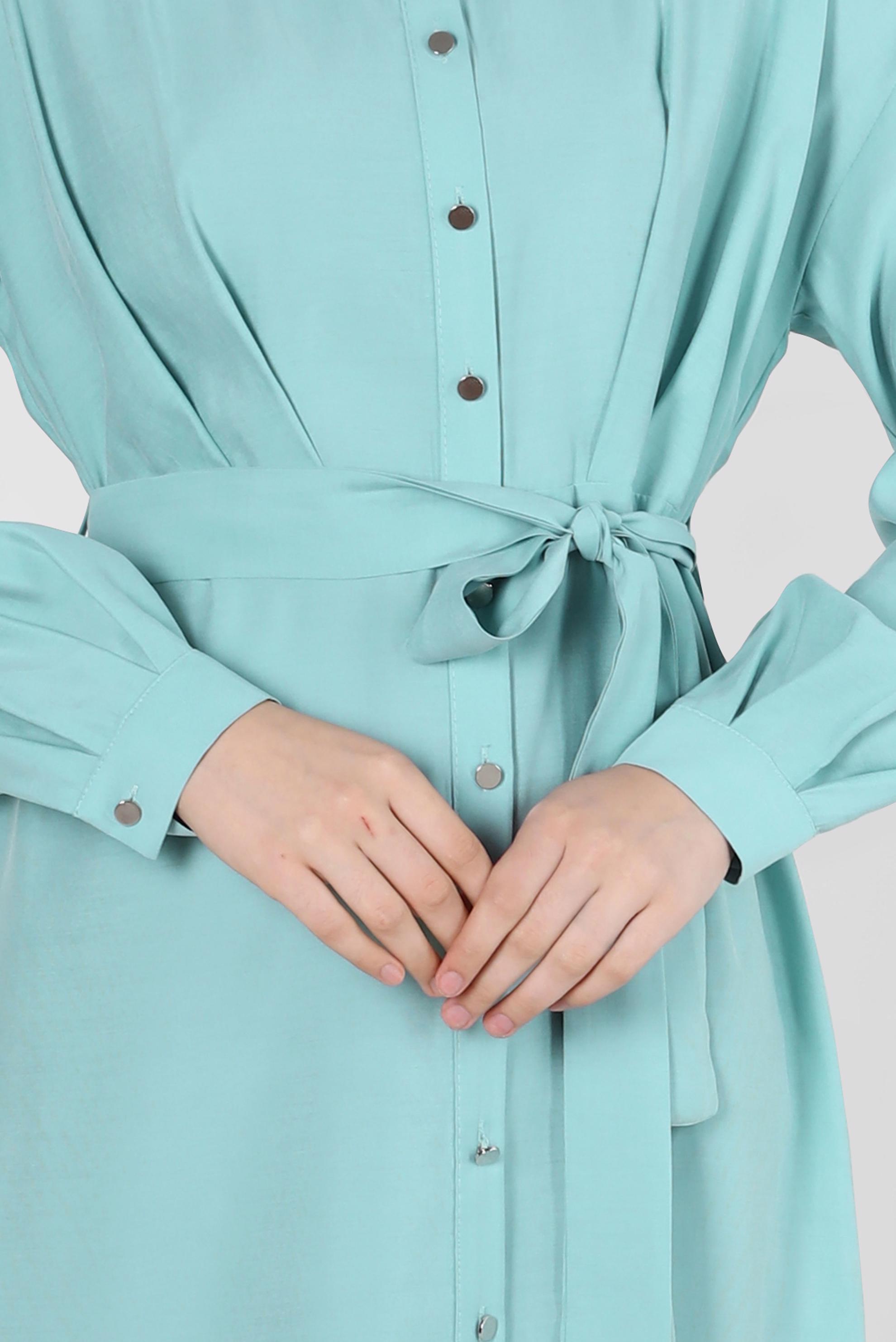 Tesettür giyim MAVİ PİLE DETAYLI KUŞAKLI TUNİK 42702 