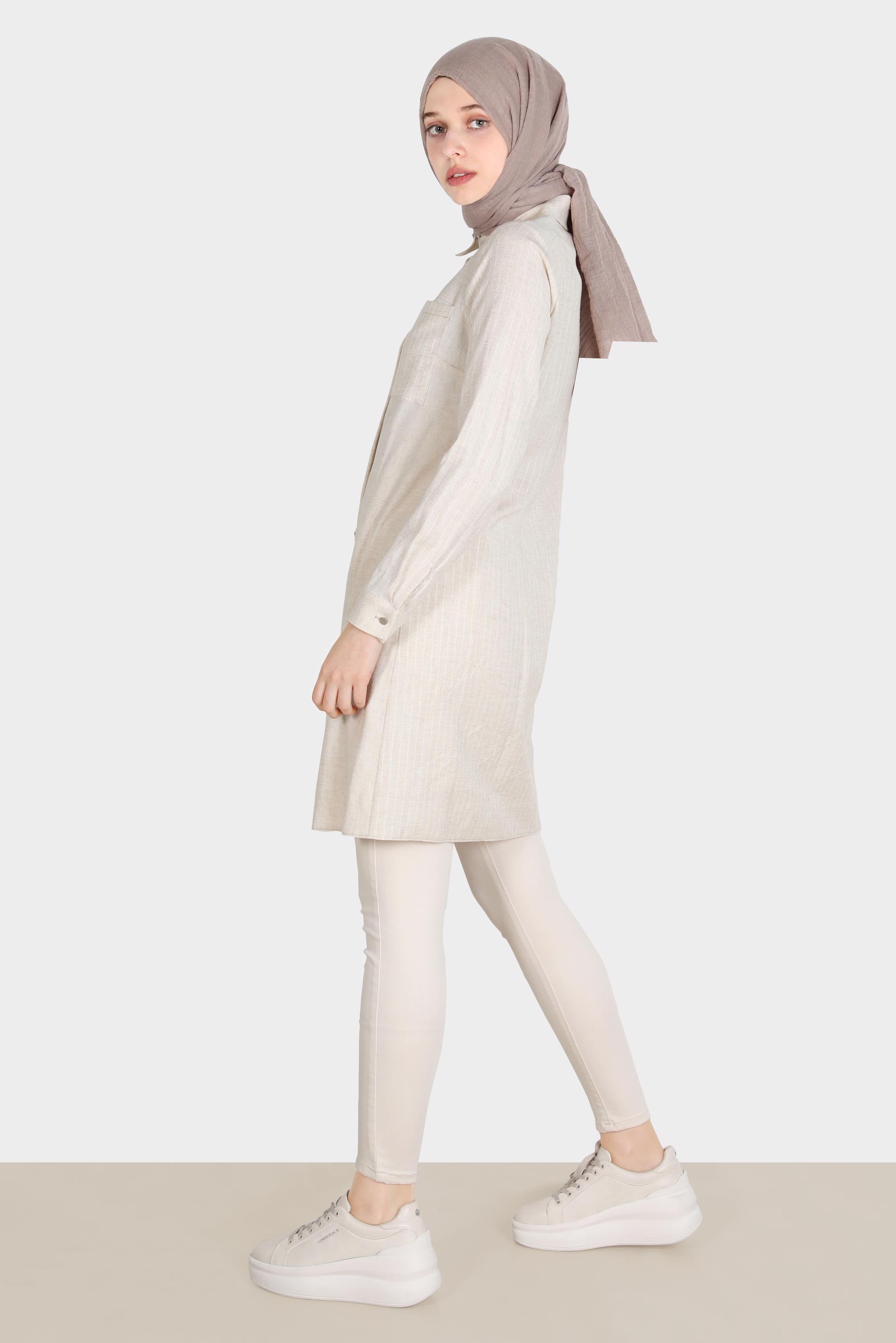 Tesettür giyim BEJ ÇİZGİLİ DÜĞMELİ TUNİK 42703 