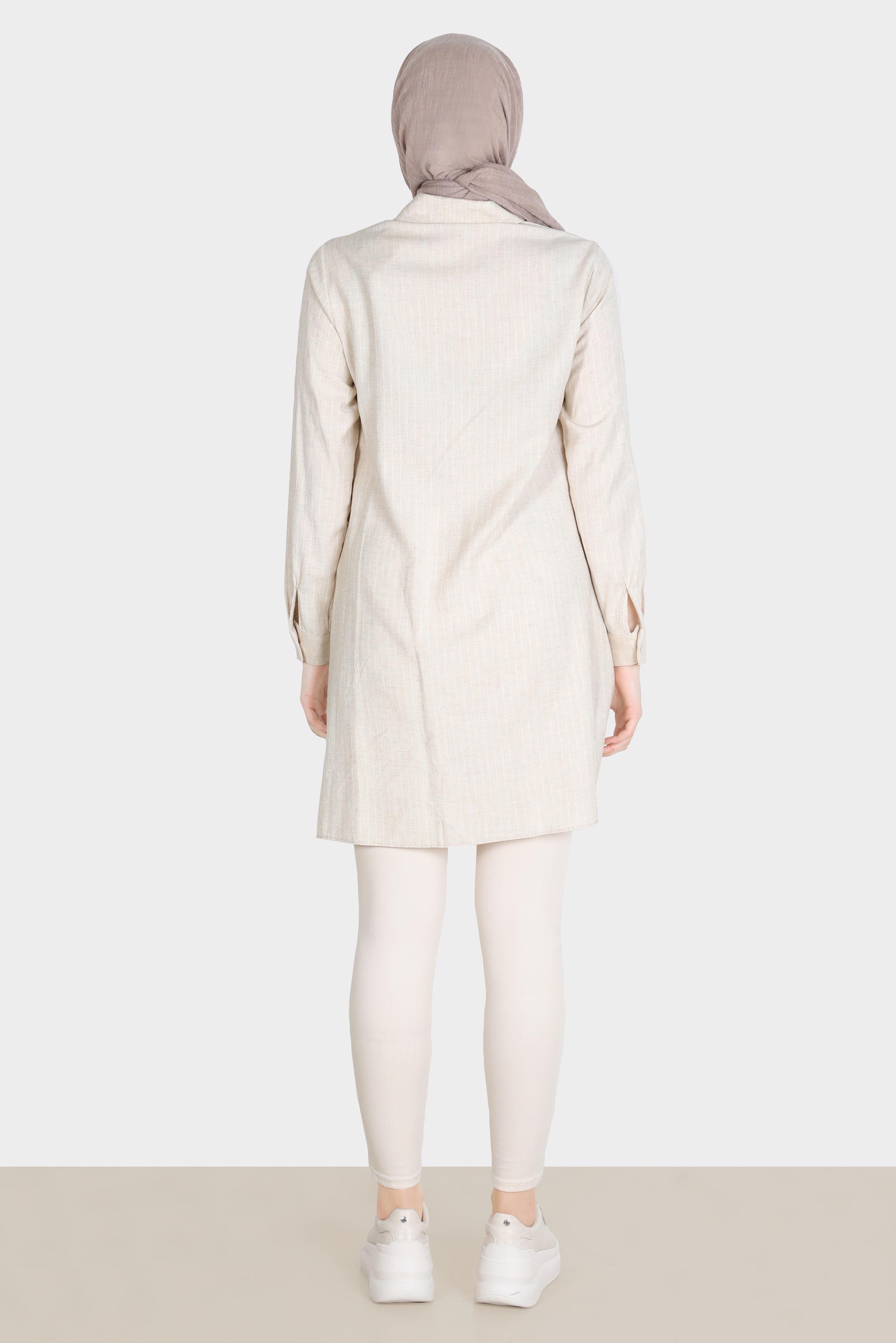 Tesettür giyim BEJ ÇİZGİLİ DÜĞMELİ TUNİK 42703 