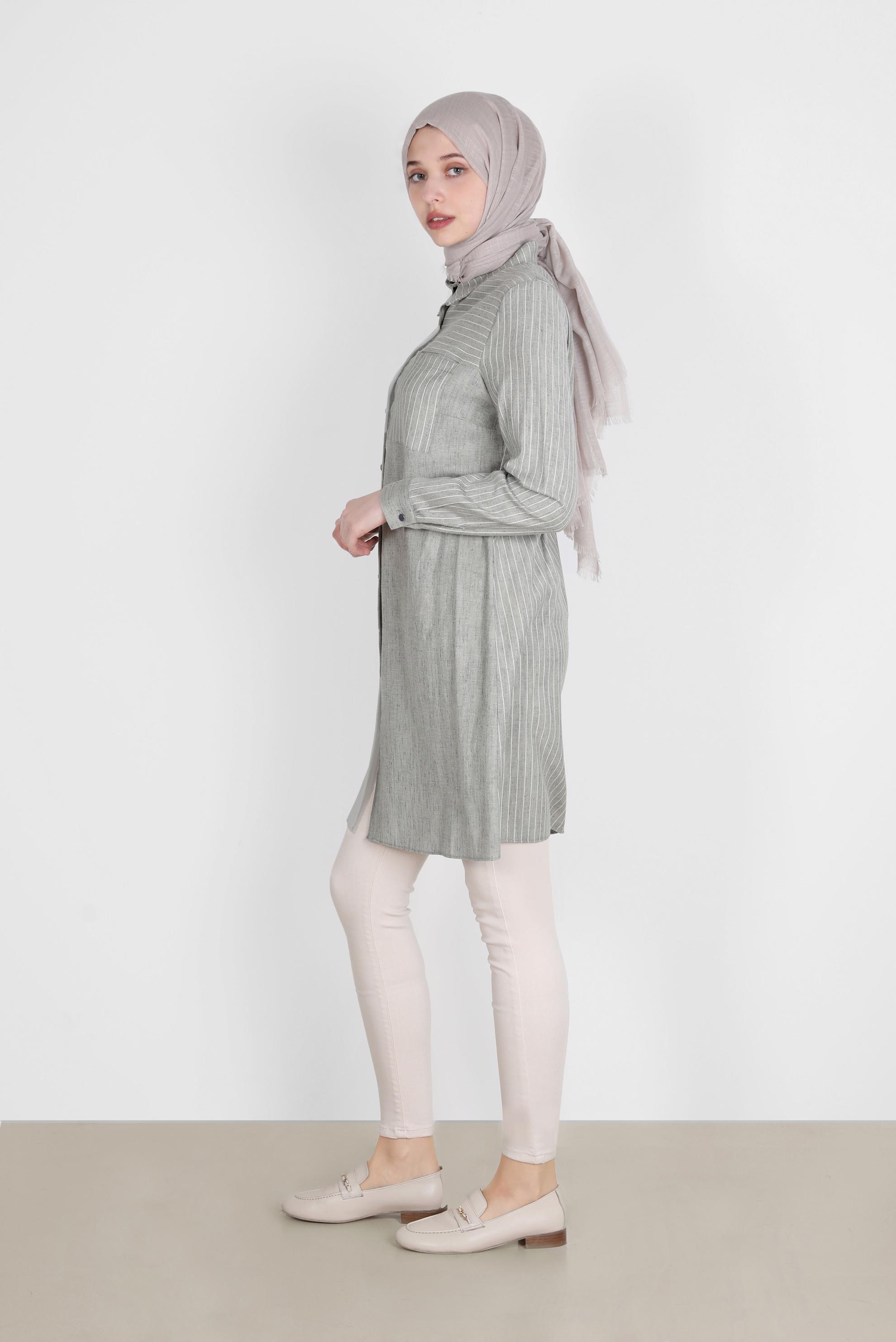 Tesettür giyim HAKİ ÇİZGİLİ DÜĞMELİ TUNİK 42703 