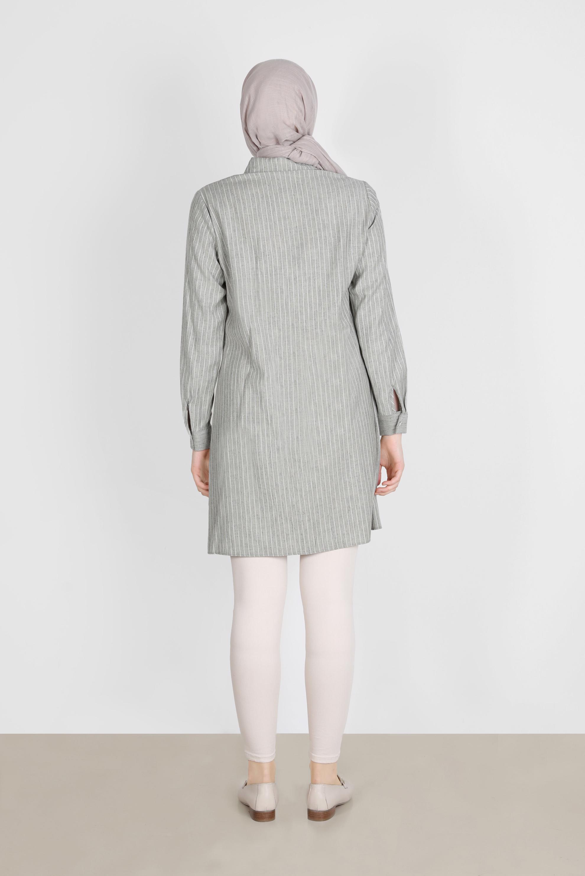 Tesettür giyim HAKİ ÇİZGİLİ DÜĞMELİ TUNİK 42703 