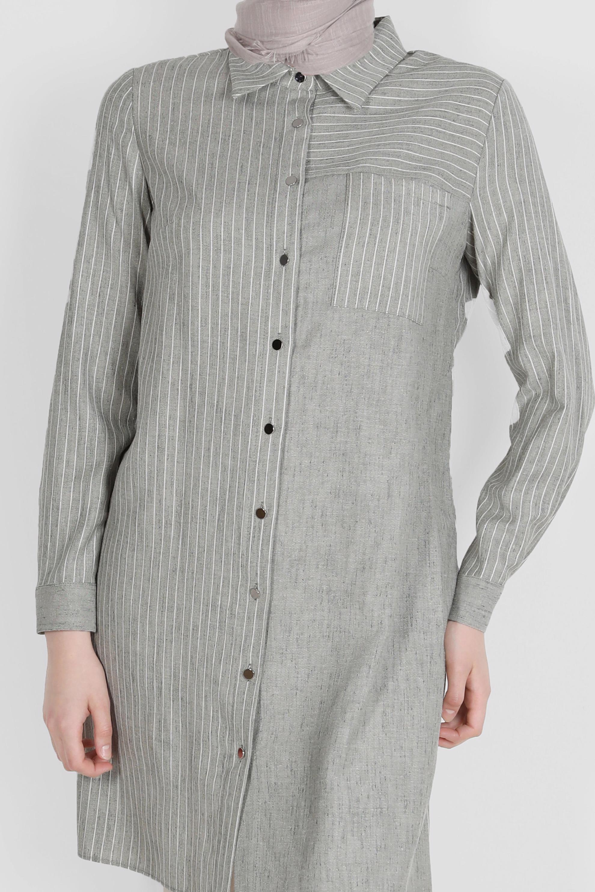 Tesettür giyim HAKİ ÇİZGİLİ DÜĞMELİ TUNİK 42703 