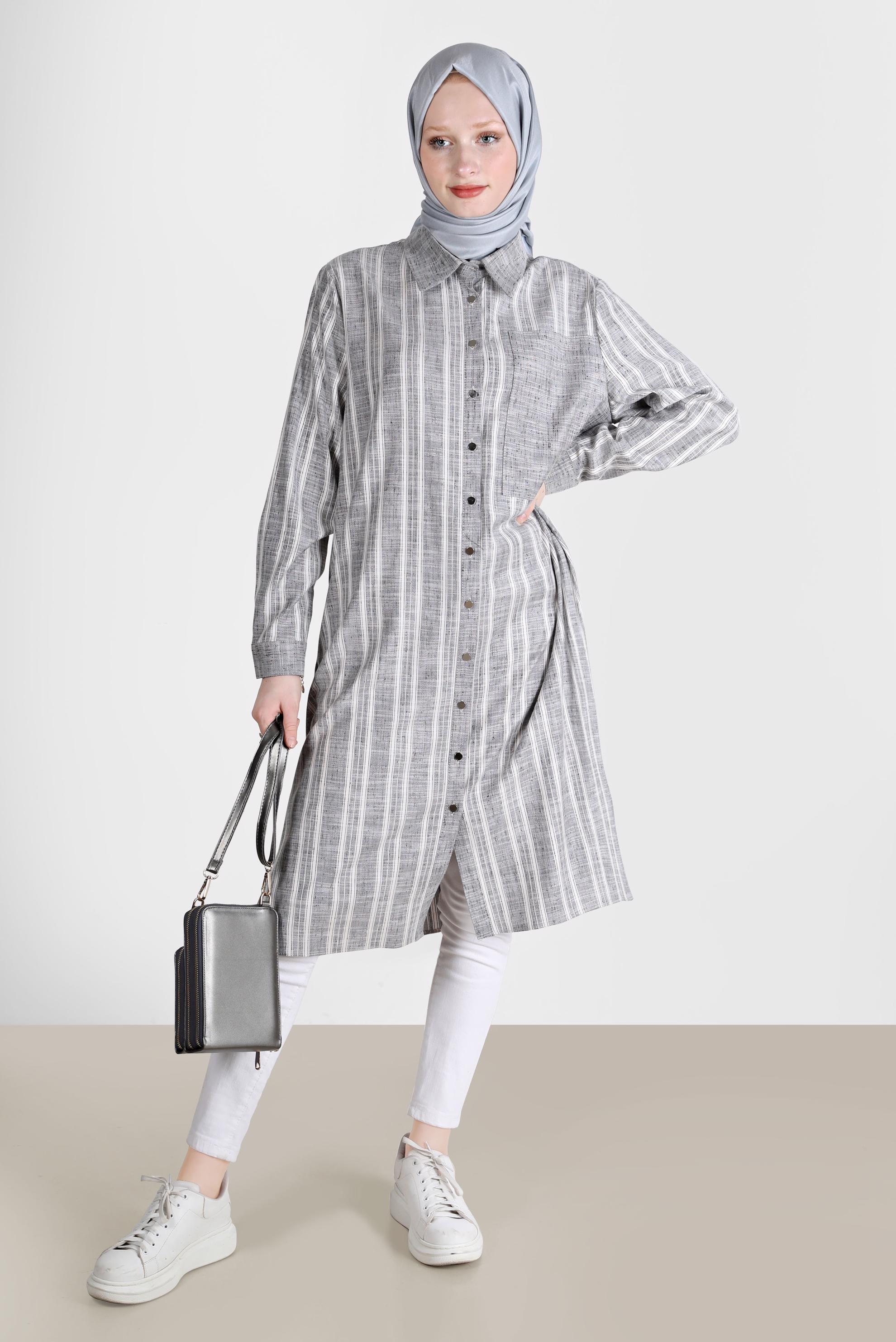 Tesettür giyim SİYAH ÇİZGİLİ CEPLİ TUNİK 42704 