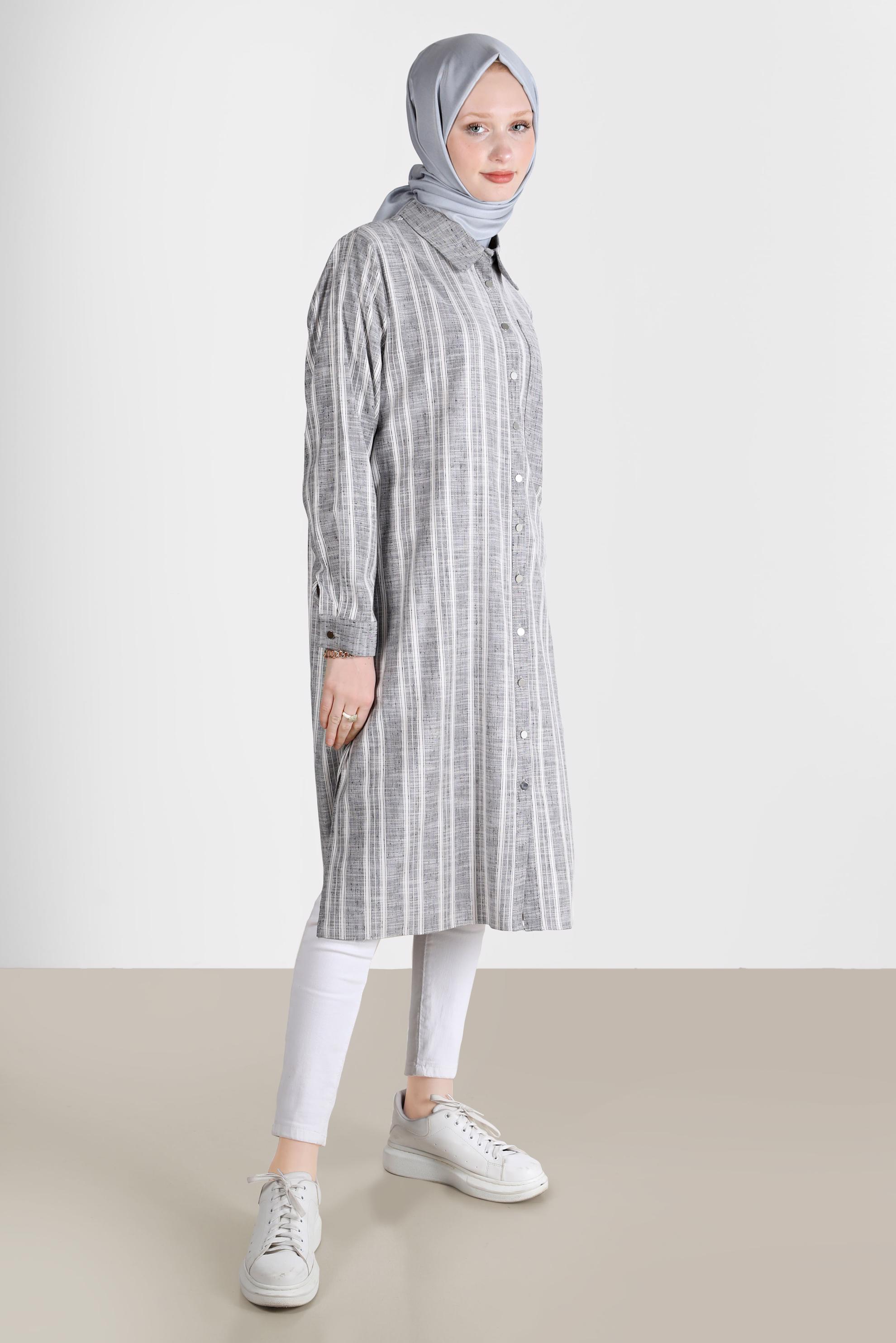 Tesettür giyim SİYAH ÇİZGİLİ CEPLİ TUNİK 42704 