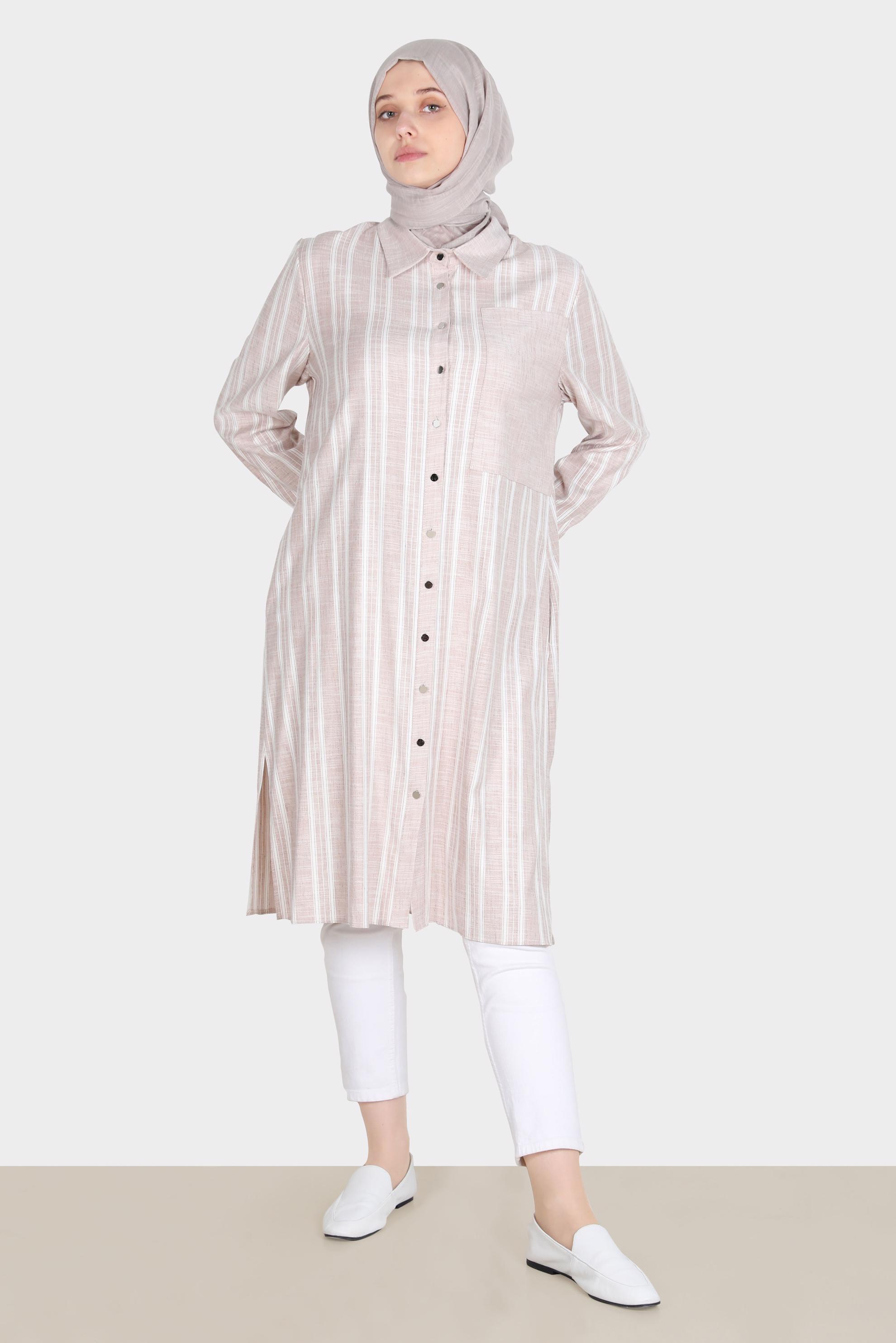 Tesettür giyim KAHVE ÇİZGİLİ CEPLİ TUNİK 42704 