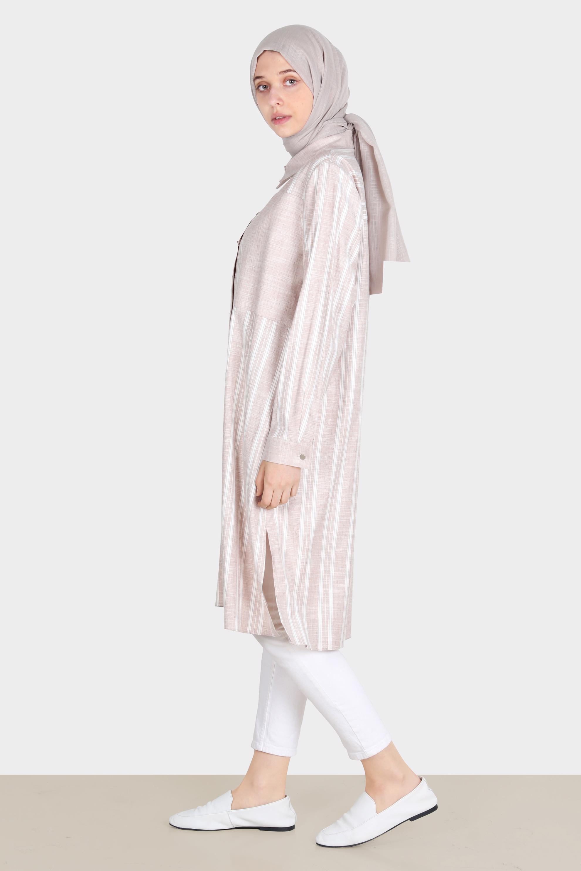 Tesettür giyim KAHVE ÇİZGİLİ CEPLİ TUNİK 42704 