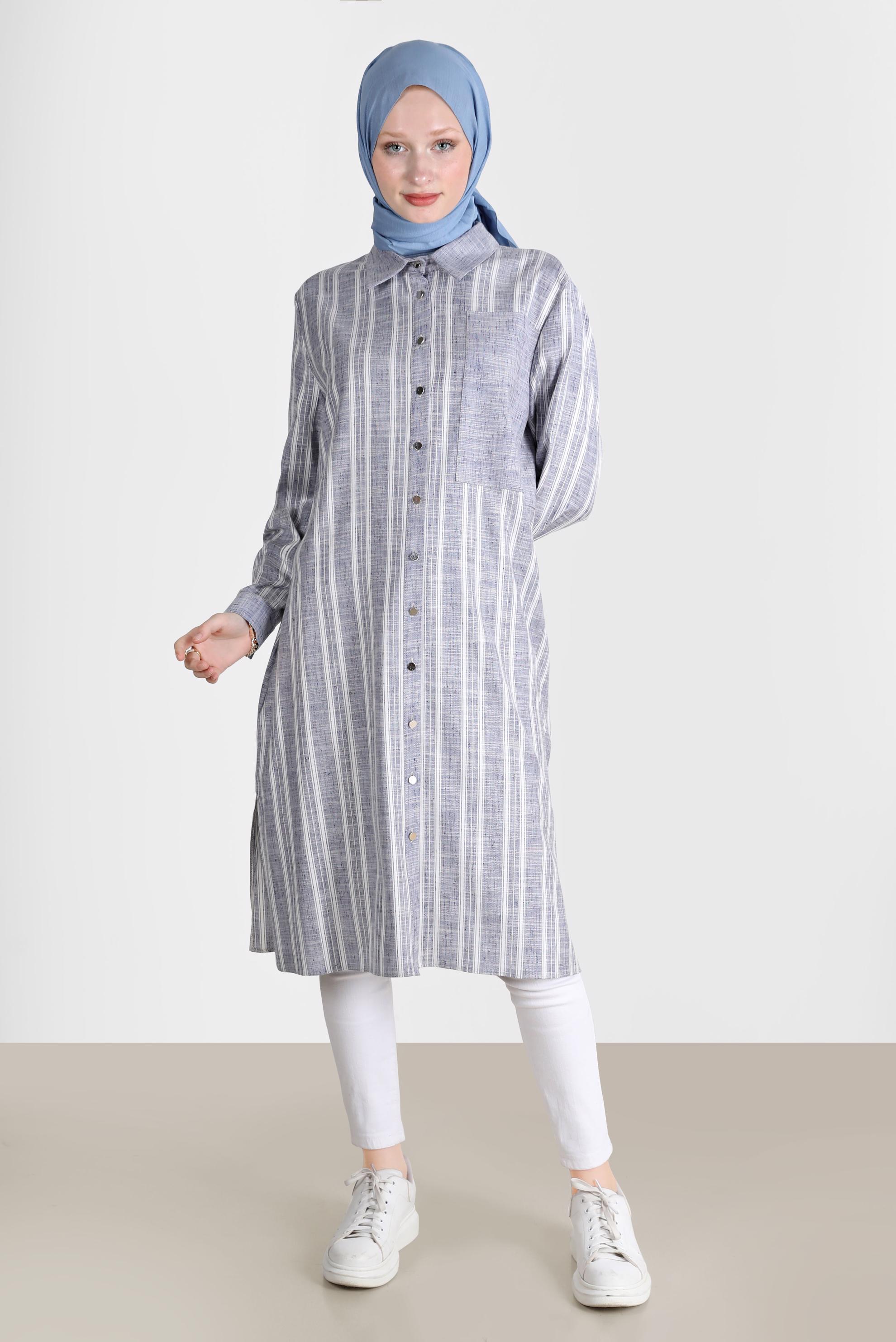 Tesettür giyim LACİVERT ÇİZGİLİ CEPLİ TUNİK 42704 