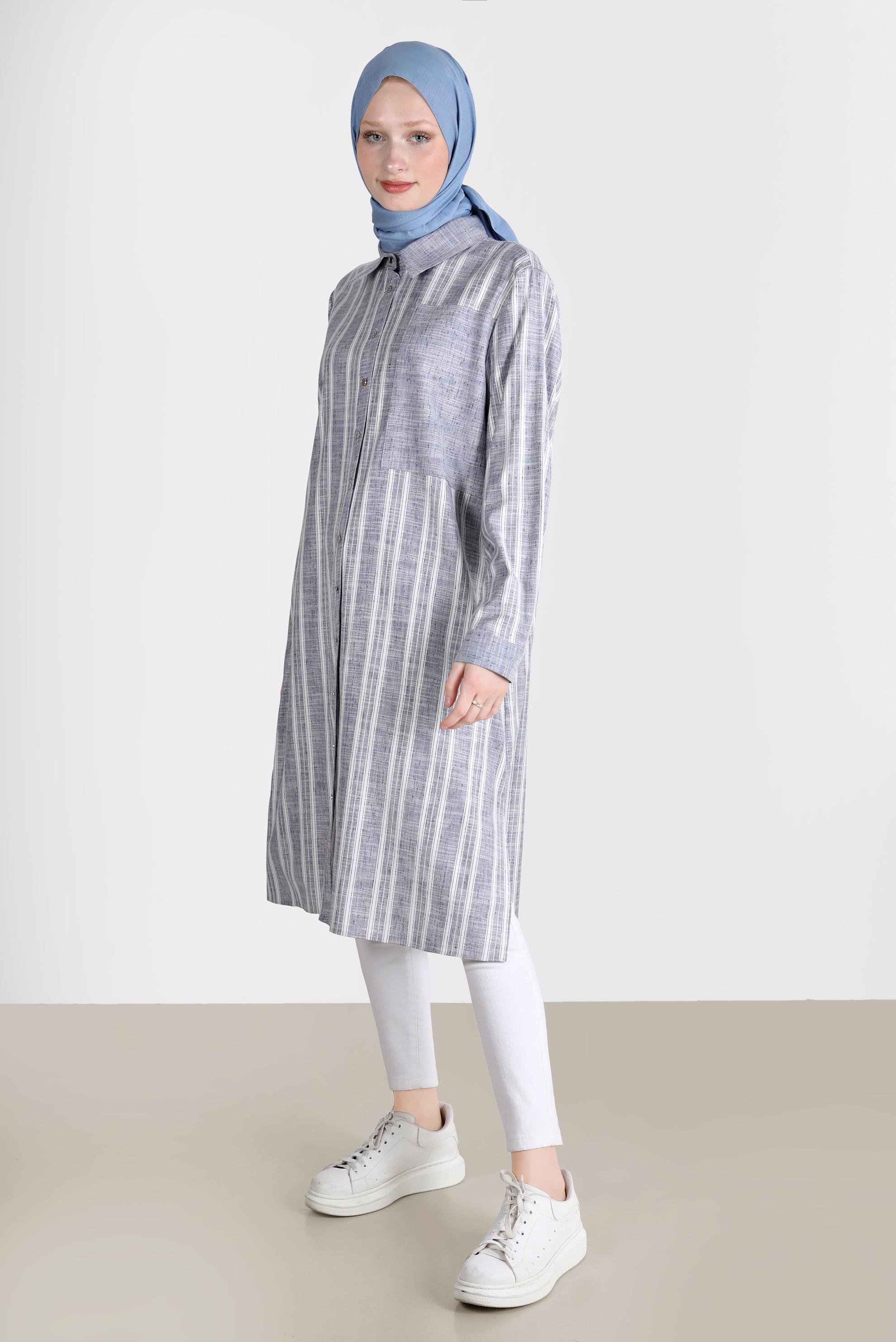 Tesettür giyim LACİVERT ÇİZGİLİ CEPLİ TUNİK 42704 